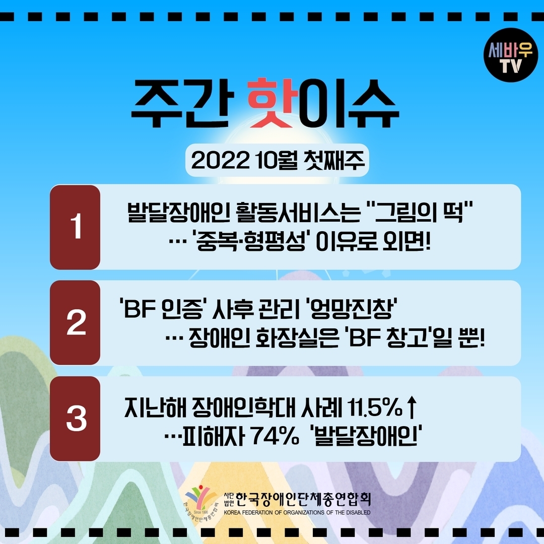 주간 핫 이슈 2022 10월 첫째주 1.발달장애인 활동서비스는 “그림의 떡”...‘중복·형평성’ 이유로 외면! 2.‘BF 인증’ 사후관리 ‘엉망진창’...장애인 화장실은 ‘BF 창고’일 뿐! 3.지난해 장애인학대 사례 11.5%↑...피해자 74% ‘발달장애인’ @장총련