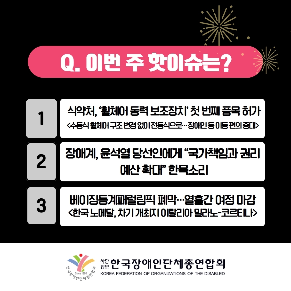 Q. 이번 주 핫이슈는? 1. 식약처, '휠체어 동력 보조장치' 첫 번째 품목 허가<수동식 휠체어 구조 변경 없이 전동식으로···장애인 등 이동편의 증대> 2. 장애계, 윤석열 당선인에게 "국가책임과 권리 예산 확대" 한목소리 3. 베이징동계패럴림픽 폐막···열흘간 여정 마감<한국 노메달, 차기 개최지 이탈리아 밀라노-코르티나> @장총련
