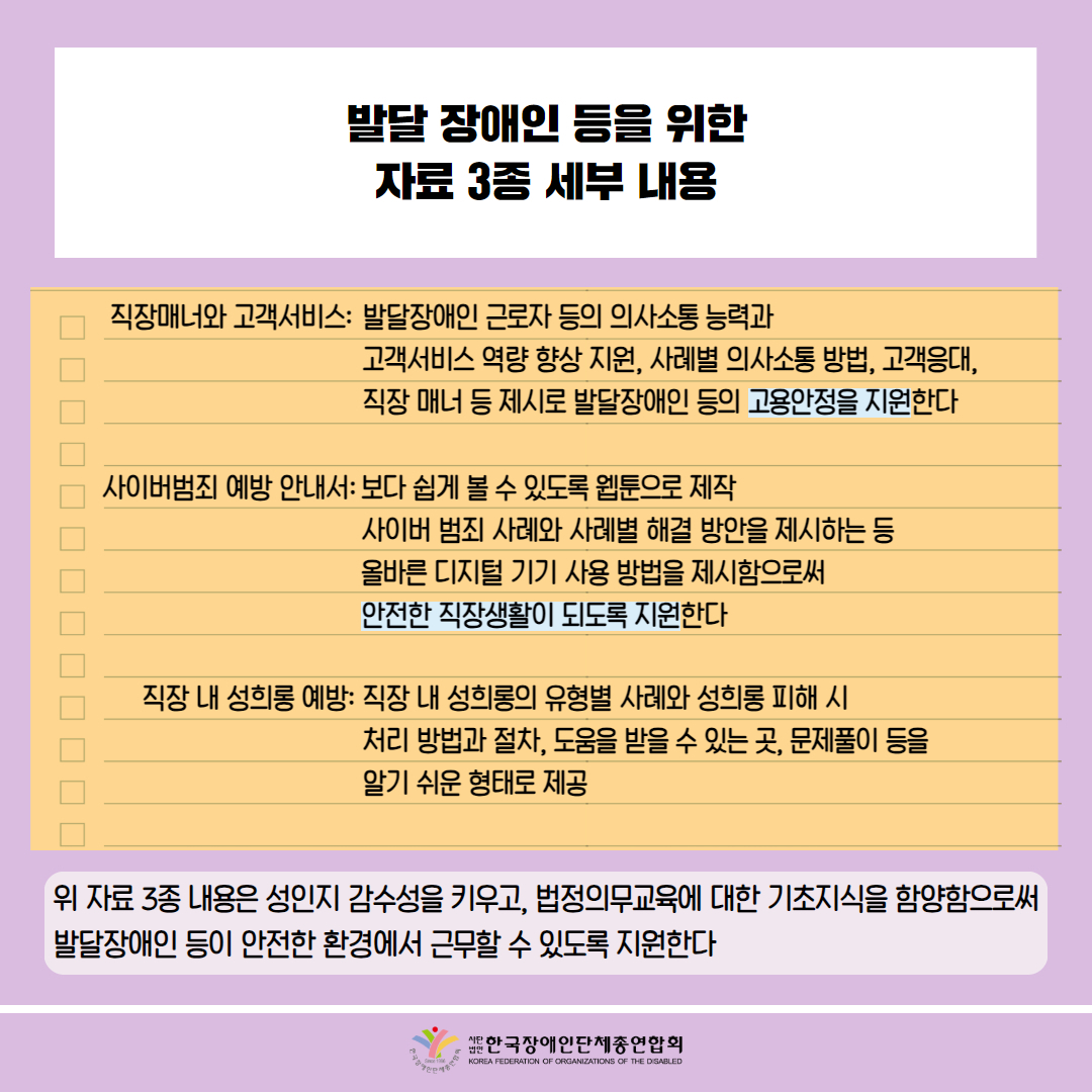 발달 장애인 등을 위한 자료 3종 세부 내용 / 직장매너와 고객서비스: 발달장애인 근로자 등의 의사소통 능력과 고객서비스 역량 향상 지원, 사례별 의사소통 방법, 고객응대, 직장 매너 등 제시로 발달장애인 등의 고용안정을 지원한다 / 사이버범죄 예방 안내서: 보다 쉽게 볼 수 있도록 웹툰으로 제작 사이버 범죄 사례와 사례별 해결 방안을 제시하는 등 올바른 디지털 기기 사용 방법을 제시함으로써 안전한 직장생활이 되도록 지원한다 / 직장 내 성희롱 예방: 직장 내 성희롱의 유형별 사례와 성희롱 피해 시 처리 방법과 절차, 도움을 받을 수 있는 곳, 문제풀이 등을 알기 쉬운 형태로 제공 위 자료 3종 내용은 성인지 감수성을 키우고, 법정의무교육에 대한 기초지식을 함양함으로써 발달장애인 등이 안전한 환경에서 근무할 수 있도록 지원한다 / 한국장애인단체총연합회