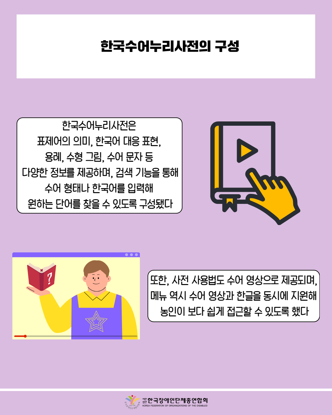  한국수어누리사전의 구성 / 한국수어누리사전은 표제어의 의미, 한국어 대응 표현, 용례, 수형 그림, 수어 문자 등 다양한 정보를 제공하며, 검색 기능을 통해 수어 형태나 한국어를 입력해 원하는 단어를 찾을 수 있도록 구성됐다 / 또한, 사전 사용법도 수어 영상으로 제공되며, |메뉴 역시 수어 영상과 한글을 동시에 지원해 농인이 보다 쉽게 접근할 수 있도록 했다 / 한국장애인단체총연합회