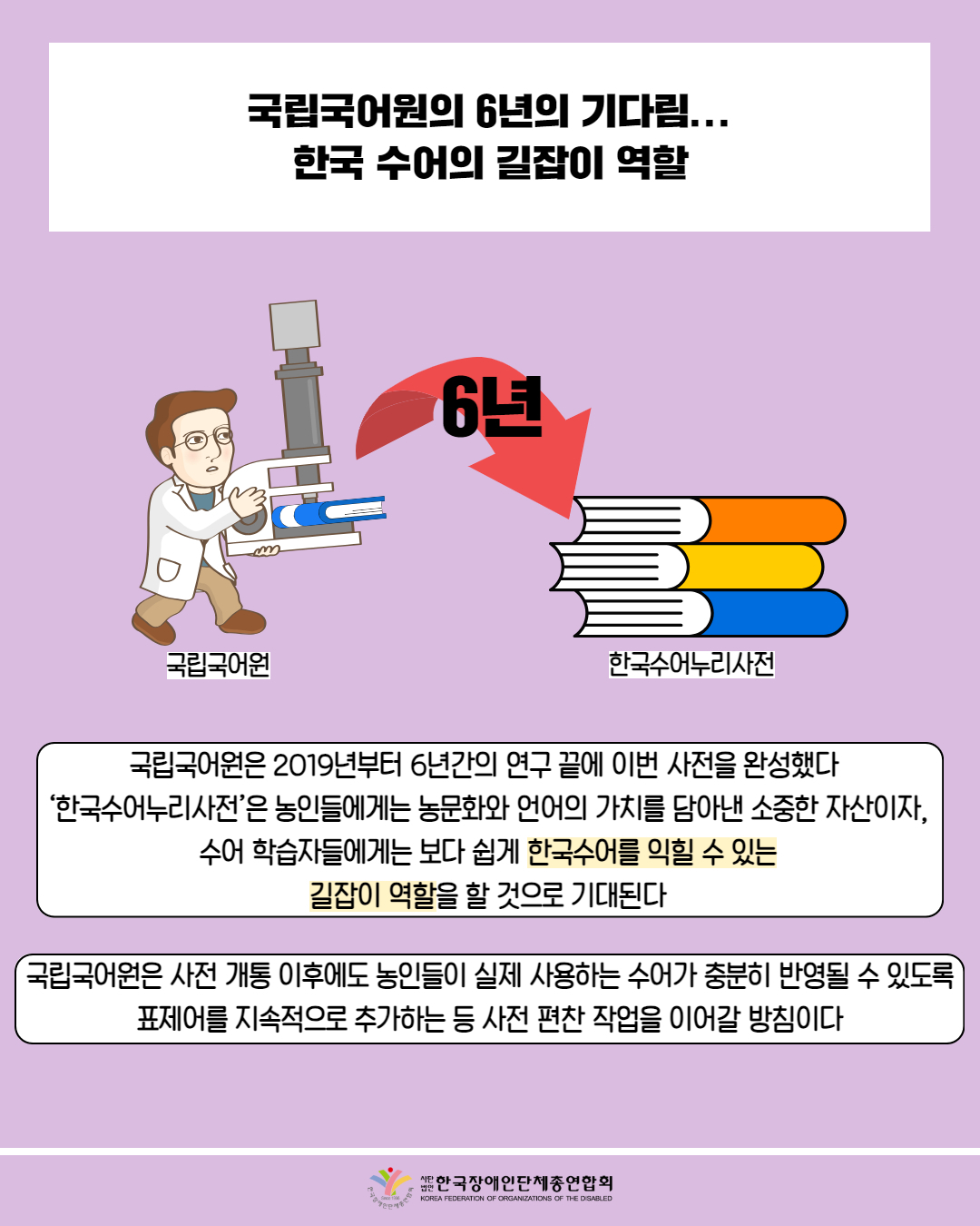  국립국어원의 6년의 기다림... 한국 수어의 길잡이 역할 / 한국수어누리사전 국립국어원은 2019년부터 6년간의 연구 끝에 이번 사전을 완성했다 '한국수어누리사전'은 농인들에게는 농문화와 언어의 가치를 담아낸 소중한 자산이자, 수어 학습자들에게는 보다 쉽게 한국수어를 익힐 수 있는 길잡이 역할을 할 것으로 기대된다 / 국립국어원은 사전 개통 이후에도 농인들이 실제 사용하는 수어가 충분히 반영될 수 있도록 표제어를 지속적으로 추가하는 등 사전 편찬 작업을 이어갈 방침이다 / 한국장애인단체총연합회
