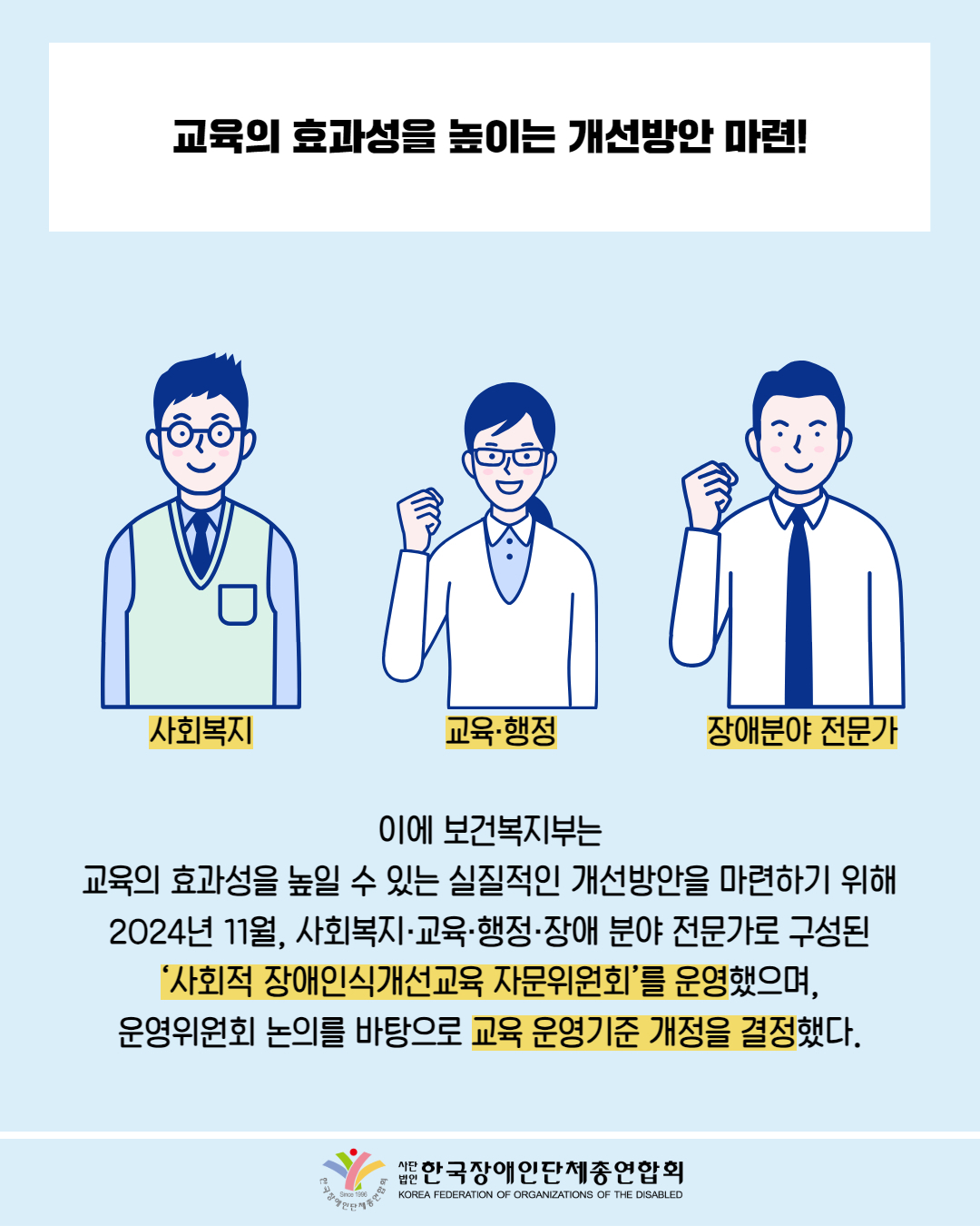  교육의 효과성을 높이는 개선방안 마련! / 그림첨부: 안녕 쓴 남성(사회복지) / 그림첨부: 안경 쓴 여성(교육행정) / 그림첨부 : 정장 입은 남성(장애분야 전문가) / 이에 보건복지부는 교육의 효과성을 높일 수 있는 실질적인 개선방안을 마련하기 위해 2024년 11월, 사회복지·교육·행정·장애 분야 전문가로 구성된 '사회적 장애인식개선교육 자문위원회'를 운영했으며, 운영위원회 논의를 바탕으로 교육 운영기준 개정을 결정했다. / 한국장애인단체총연합회