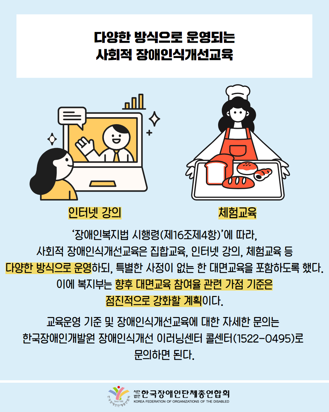  다양한 방식으로 운영되는 사회적 장애인식개선교육 / 그림첨부: 인터넷 강의 듣고 있는 여성(인터넷 강의) / 그림첨부: 빵을 요리한 여성(체험교육) / '장애인복지법 시행령(제16조제4항)'에 따라, 사회적 장애인식개선교육은 집합교육, 인터넷 강의, 체험교육 등 다양한 방식으로 운영하되, 특별한 사정이 없는 한 대면교육을 포함하도록 했다. 이에 복지부는 향후 대면교육 참여율 관련 가점 기준은 점진적으로 강화할 계획이다. / 교육운영 기준 및 장애인식개선교육에 대한 자세한 문의는 한국장애인개발원 장애인식개선 이러닝센터 콜센터(1522-0495)로 문의하면 된다. / 한국장애인단체총연합회