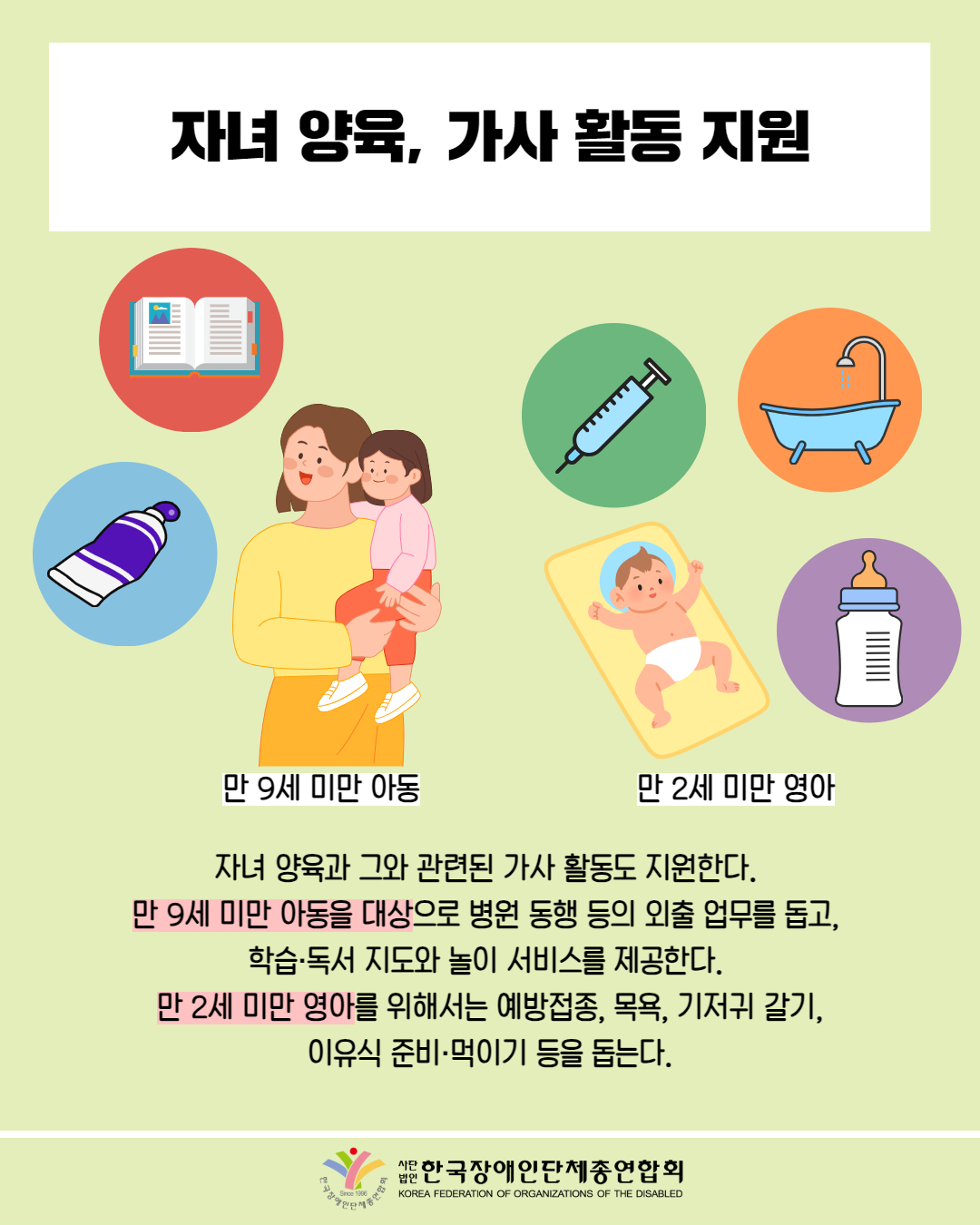 자녀 양육, 가사활동 지원 / 그림첨부: 아이를 안고 있는 엄마, 책 물감(만 9세 미만 아동) / 그림첨부: 누워있는 아기, 욕조, 젖병, 주사(만 2세 미만 영아) / 자녀 양육과 그와 관련된 가사 활동도 지원한다. 만 9세 미만 아동을 대상으로 병원 동행 등의 외출 업무를 돕고, 학습·독서 지도와 놀이 서비스를 제공한다. 만 2세 미만 영아를 위해서는 예방접종, 목욕, 기저귀 갈기, 이유식 준비. 먹이기 등을 돕는다. / 한국장애인단체총연합회
