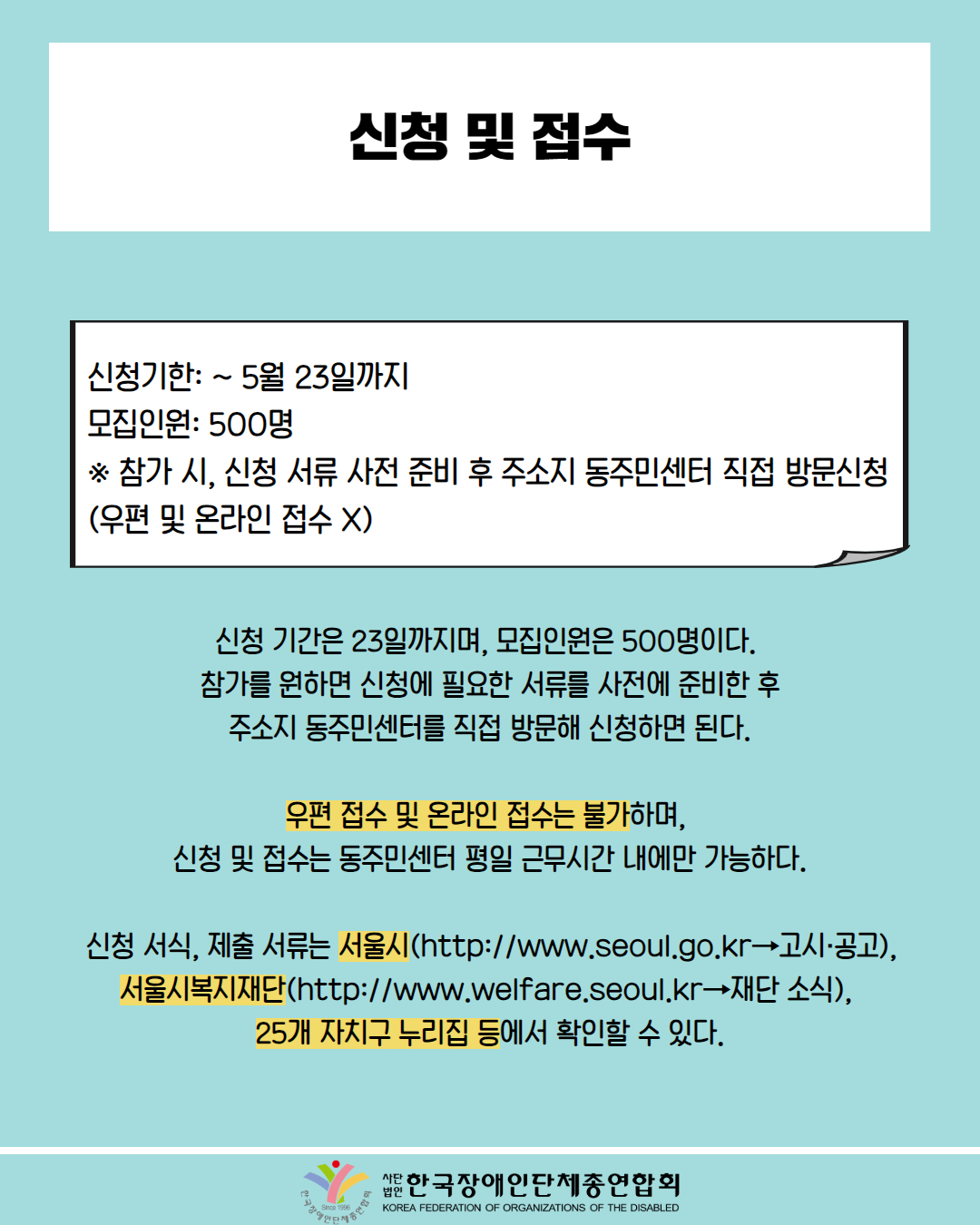  신청 및 접수 / 요약 첨부: 신청기한: ~ 5월 23일까지, 모집인원: 500명, ※ 참가 시, 신청 서류 사전 준비 후 주소지 동주민센터 직접 방문신청 (우편 및 온라인 접수 X) 순으로 정리됨/ 신청 기간은 23일까지며, 모집인원은 500명이다. 참가를 원하면 신청에 필요한 서류를 사전에 준비한 후 주소지 동주민센터를 직접 방문해 신청하면 된다. / 우편 접수 및 온라인 접수는 불가하며, 신청 및 접수는 동주민센터 평일 근무시간 내에만 가능하다. / 신청 서식, 제출 서류는 서울시(http://www.seoul.go.kr→고시·공고), 서울시복지재단(http://www.welfare.seoul.kr→재단 소식), 25개 자치구 누리집 등에서 확인할 수 있다./ 한국장애인단체총연합회