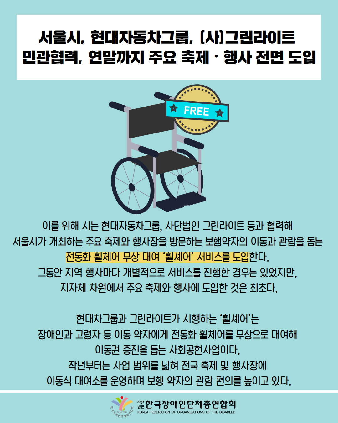  서울시, 현대자동차그룹, (사)그린라이트 민관협력, 연말까지 주요 축제·행사 전면 도입 / 그림첨부: 휠체어, free 문구 / 이를 위해 시는 현대자동차그룹, 사단법인 그린라이트 등과 협력해 서울시가 개최하는 주요 축제와 행사장을 방문하는 보행약자의 이동과 관람을 돕는 전동화 휠체어 무상 대여 ‘휠셰어’서비스를 도입한다. 그동안 지역 행사마다 개별적으로 서비스를 진행한 경우는 있었지만, 지자체 차원에서 주요 축제와 행사에 도입한 것은 최초다. / 현대차그룹과 그린라이트가 시행하는 '휠셰어'는 장애인과 고령자 등 이동 약자에게 전동화 휠체어를 무상으로 대여해 이동권 증진을 돕는 사회공헌사업이다. 작년부터는 사업 범위를 넓혀 전국 축제 및 행사장에 이동식 대여소를 운영하며 보행약자의 관람 편의를 높이고 있다. / 한국장애인단체총연합회