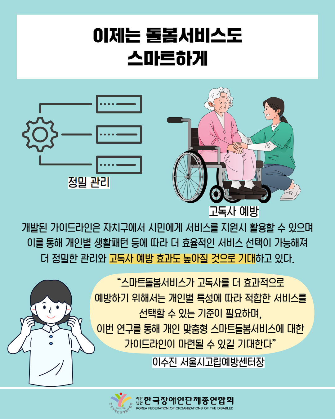  이제는 돌봄서비스도 정밀 관리 스마트하게 / 그림첨부 네트워크망끼리 연결된 모습(정밀관리) / 그림 첨부: 휠체어를 탄 어르신을 모시는 복지사(고독사 예방) / 개발된 가이드라인은 자치구에서 시민에게 서비스를 지원시 활용할 수 있으며 이를 통해 개인별 생활패턴 등에 따라 더 효율적인 서비스 선택이 가능해져 더 정밀한 관리와 고독사 예방 효과도 높아질 것으로 기대하고 있다. / “스마트돌봄서비스가 고독사를 더 효과적으로 예방하기 위해서는 개인별 특성에 따라 적합한 서비스를 선택할 수 있는 기준이 필요하며, 이번 연구를 통해 개인 맞춤형 스마트돌봄서비스에 대한 가이드라인이 마련될 수 있길 기대한다” / 이수진 서울시고립예방센터장 사단 / 한국장애인단체총연합회