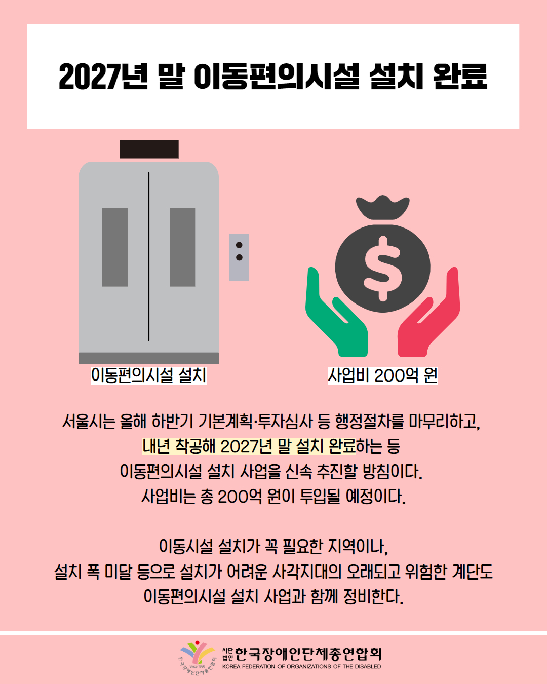  2027년 말 이동편의시설 설치 완료 / 그림 첨부: 엘리베이터(이동편의시설 설치) / 그림 첨부: 복주머니(사업비 200억 원)  / 서울시는 올해 하반기 기본계획·투자심사 등 행정절차를 마무리하고, 내년 착공해 2027년 말 설치 완료하는 등 이동편의시설 설치 사업을 신속 추진할 방침이다. 사업비는 총 200억 원이 투입될 예정이다. / 이동시설 설치가 꼭 필요한 지역이나, 설치 폭 미달 등으로 설치가 어려운 사각지대의 오래되고 위험한 계단도 이동편의시설 설치 사업과 함께 정비한다. / 한국장애인단체총연합회