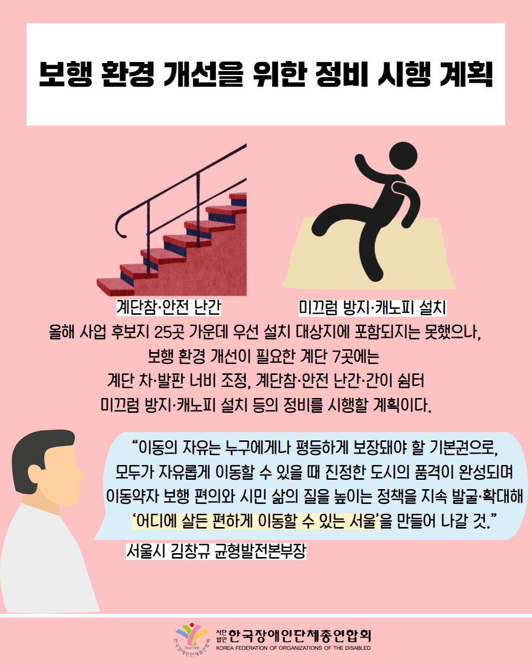  보행 환경 개선을 위한 정비 시행 계획 / 그림 첨부: 계단참·안전 난간 / 그림 첨부: 미끄럼 방지·캐노피 설치 / 올해 사업후보지 25곳 가운데 우선 설치 대상지에 포함되지는 못했으나, 보행환경 개선이 필요한 계단 7곳에는 계단 차·발판 너비 조정, 계단참·안전 난간·간이 쉼터 미끄럼 방지·캐노피 설치 등의 정비를 시행할 계획이다. / “이동의 자유는 누구에게나 평등하게 보장돼야 할 기본권으로, 모두가 자유롭게 이동할 수 있을 때 진정한 도시의 품격이 완성되며 이동약자 보행 편의와 시민 삶의 질을 높이는 정책을 지속 발굴·확대해 '어디에 살든 편하게 이동할 수 있는 서울'을 만들어 나갈 것." / 서울시 김창규 균형발전본부장 / 한국장애인단체총연합회