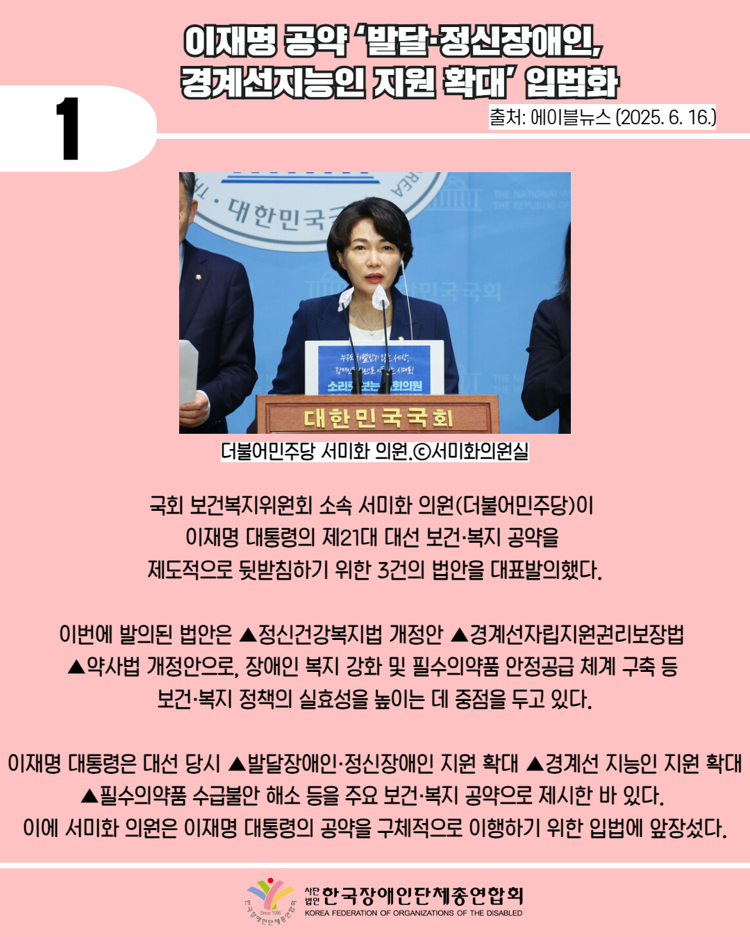 1 / 이재명 공약 '발달 정신장애인, 경계선지능인 지원 확대 입법화 / 출처: 에이블뉴스 (2025. 6. 16.) / 사진 첨부: 더불어민주당 서미화 의원 ⓒ서미화의원실 / 국회 보건복지위원회 소속 서미화 의원(더불어민주당)이 이재명 대통령의 제21대 대선 보건·복지 공약을 제도적으로 뒷받침하기 위한 3건의 법안을 대표발의했다. 이번에 발의된 법안은 ▲정신건강복지법 개정안 ▲경계선자립지원권리보장법 ▲약사법 개정안으로, 장애인 복지 강화 및 필수의약품 안정공급 체계 구축 등 보건·복지 정책의 실효성을 높이는 데 중점을 두고 있다. 이재명 대통령은 대선 당시 ▲발달장애인·정신장애인 지원 확대 ▲경계선 지능인 지원 확대 ▲필수의약품 수급불안 해소 등을 주요 보건·복지 공약으로 제시한 바 있다. 이에 서미화 의원은 이재명 대통령의 공약을 구체적으로 이행하기 위한 입법에 앞장섰다. / 한국장애인단체총연합회