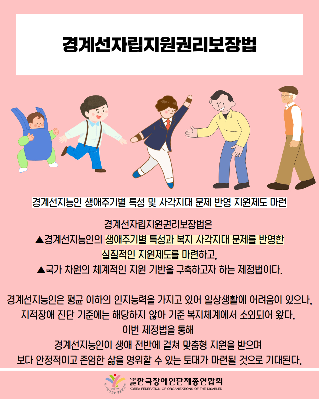 경계선자립지원권리보장법 /경계선지능인 생애주기별 특성 및 사각지대 문제 반영 지원제도 마련 / 경계선자립지원권리보장법은 ▲경계선지능인의 생애주기별 특성과 복지 사각지대 문제를 반영한 실질적인 지원제도를 마련하고, ▲국가 차원의 체계적인 지원 기반을 구축하고자 하는 제정법이다. / 경계선지능인은 평균 이하의 인지능력을 가지고 있어 일상생활에 어려움이 있으나, 지적장애 진단 기준에는 해당하지 않아 기준 복지체계에서 소외되어 왔다. 이번 제정법을 통해 경계선지능인이 생애 전반에 걸쳐 맞춤형 지원을 받으며 보다 안정적이고 존엄한 삶을 영위할 수 있는 토대가 마련될 것으로 기대된다. / 한국장애인단체총연합회