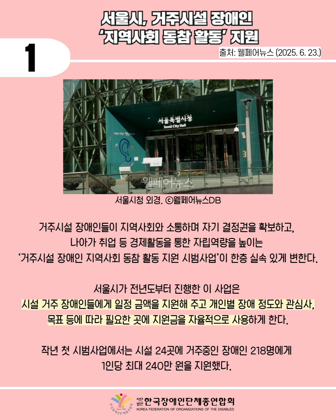  1 / 서울시, 거주시설 장애인 '지역사회 동참 활동 지원 / 출처: 웰페어뉴스 (2025. 6. 23.) /사진 첨부: 서울시청 외경. ⓒ웰페어뉴스DB / 거주시설 장애인들이 지역사회와 소통하며 자기 결정권을 확보하고, 나아가 취업 등 경제활동을 통한 자립역량을 높이는 '거주시설 장애인 지역사회 동참 활동 지원 시범사업'이 한층 실속 있게 변한다. / 서울시가 전년도부터 진행한 이 사업은 시설 거주 장애인들에게 일정 금액을 지원해 주고 개인별 장애 정도와 관심사, 목표 등에 따라 필요한 곳에 지원금을 자율적으로 사용하게 한다. / 작년 첫 시범사업에서는 시설 24곳에 거주중인 장애인 218명에게 1인당 최대 240만 원을 지원했다. / 한국장애인단체총연합회