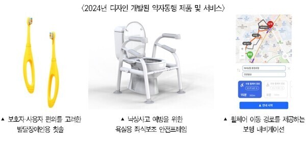  ▲ 보호자 사용자 편의를 고려한 발달장애인용 칫솔 <2024년 디자인 개발된 약자동행 제품 및 서비스> ▲ 낙상사고 예방을 위한 욕실용 좌식보조 안전프레임 15분 휠체어 이동 경로를 제공하는 보행 내비게이션