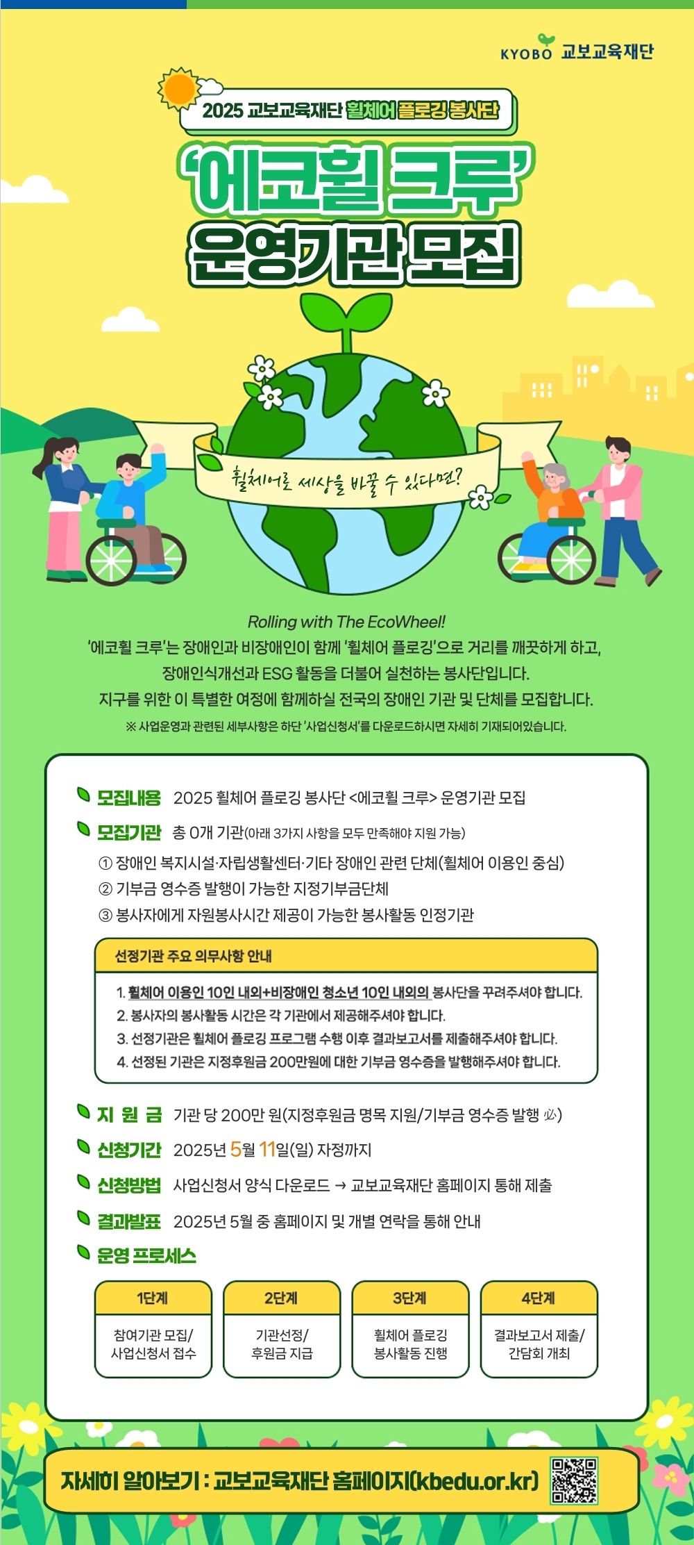  KYOBO 교보교육재단 2025 교보교육재단휠체어플로킹봉사단 에코윌크 운영기관모집 휠체어로 세상을 바꿀 수 있다면? 11 Rolling with The EcoWheel! '에코휠 크루'는 장애인과 비장애인이 함께 '휠체어 플로깅'으로 거리를 깨끗하게 하고, 장애인식개선과 ESG 활동을 더불어 실천하는 봉사단입니다. 지구를 위한 이 특별한 여정에 함께하실 전국의 장애인 기관 및 단체를 모집합니다. ※사업운영과 관련된 세부사항은 하단 '사업신청서'를 다운로드하시면 자세히 기재되어있습니다. 모집내용 2025 휠체어 플로깅 봉사단<에코휠 크루> 운영기관 모집 모집기관총 0개 기관(아래 3가지 사항을 모두 만족해야 지원 가능) 1 장애인 복지시설·자립생활센터·기타 장애인 관련 단체(휠체어 이용인 중심) 2 기부금 영수증 발행이 가능한 지정기부금단체 3 봉사자에게 자원봉사시간 제공이 가능한 봉사활동 인정기관 선정기관 주요 의무사항 안내 1. 휠체어 이용인 10인 내외+비장애인 청소년 10인 내외의 봉사단을 꾸려주셔야 합니다. 2. 봉사자의 봉사활동 시간은 각 기관에서 제공해주셔야 합니다. 3. 선정기관은 휠체어 플로깅 프로그램 수행 이후 결과보고서를 제출해주셔야 합니다. 4. 선정된 기관은 지정후원금 200만원에 대한 기부금 영수증을 발행해주셔야 합니다. 지원금 기관당 200만원(지정후원금 명목 지원/기부금 영수증 발행必) 신청기간 2025년 5월 11일(일) 자정까지 신청방법 사업신청서 양식 다운로드 → 교보교육재단 홈페이지 통해 제출 결과발표 2025년 5월 중 홈페이지 및 개별 연락을 통해 안내 운영 프로세스 1단계 2단계 3단계 4단계 참여기관 모집/ 사업신청서 접수 기관선정/ 후원금 지급 휠체어 플로깅 결과보고서 제출/ 봉사활동 진행 간담회 개최 자세히 알아보기 : 교보교육재단 홈페이지(kbedu.or.kr)