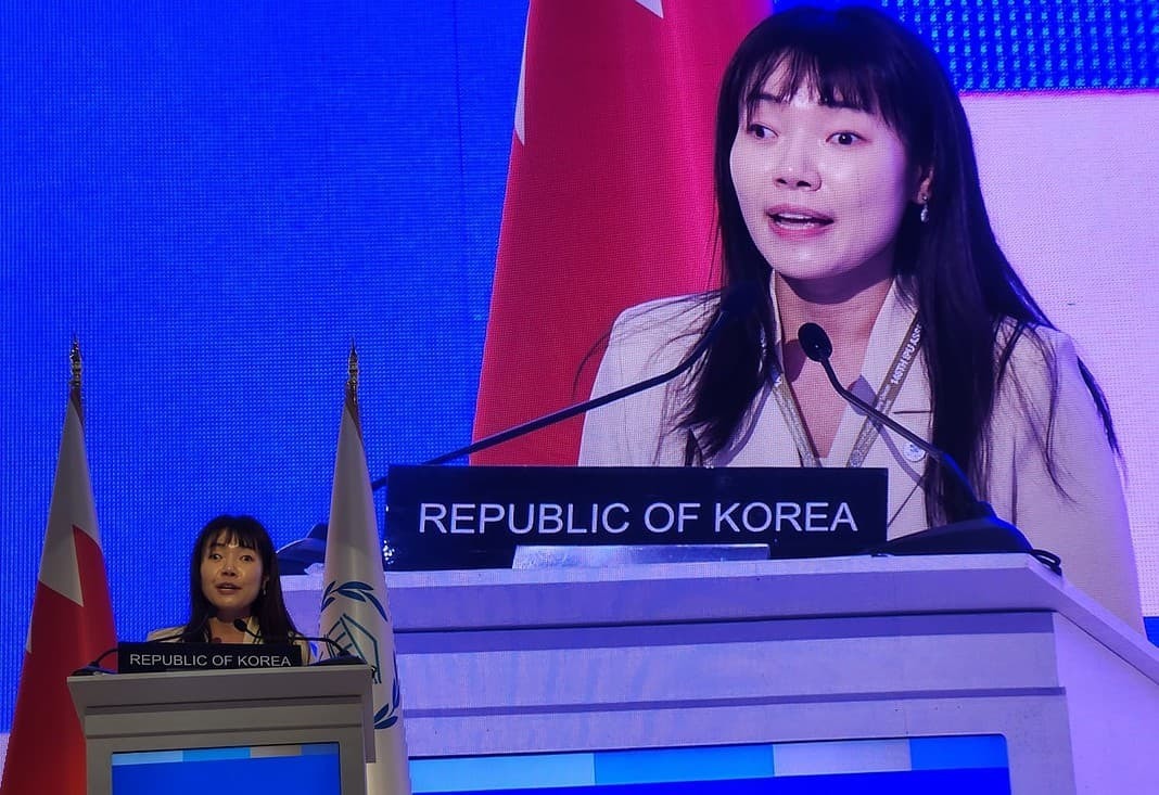 ▲김예지 의원이 14일 IPU 총회 본회의에서 ‘포용적이고 권리가 존중되는 사회를 위한 국회의원의 책무’를 주제로 연설하고 있다. ⓒ김예지 의원실