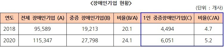 1인 기업 업무지원… 장애인기업종합지원센터 ‘3대 핵심미션’ 추진/전체 장애인기업,중증 장애인기업, 비율▲ 장애인기업 현황. 자료=장애인기업실태조사(2019, 2021)