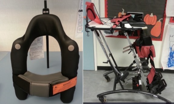 목, 어깨, 가슴 조정 기기(Adjustable aids: neck, shoulder, chin pad)는 머리 조절의 어려움으로 고개를 계속해서 숙이는 학생들이 턱 받침대를 어깨당김 조절대에 장착하고 연결하여 고개를 들고 수업을 듣는데 활용된다. / 보조기기 ‘목, 어깨, 가슴 조정 기기’(왼쪽)과 ‘스탠더’(오른쪽). ⓒ한국장애인고용공단  