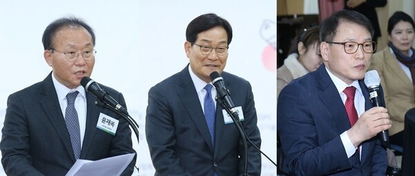 9일 오전 11시 서울 여의도 이룸센터에서 열린 ‘2024 장애계 신년인사회’에서 축사를 하는 국민의힘 원내대표 윤재옥 의원(왼쪽), 국회 보건복지위원회 위원장 신동근 의원(가운데), 국민의힘 이종성 의원(오른쪽). ⓒ한국장애인단체총연맹  