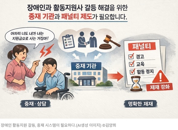 장애인 활동지원 갈등, 중재 시스템이 필요하다.(AI생성 이미지) ©김양희  출처 : 에이블뉴스(https://www.ablenews.co.kr) / 장애인과 활동지원사 갈등 해결을 위한 중재 기관과 패널티 제도가 필요합니다 / 말풍선: 어차피 너도 내가 내는 지원금으로 사는 거잖아 / 그림 내 문구 : 패널티 경고 교육 활동 정지 제재 강화 / 중재 기관 / 중재&상담 명확한 제재
