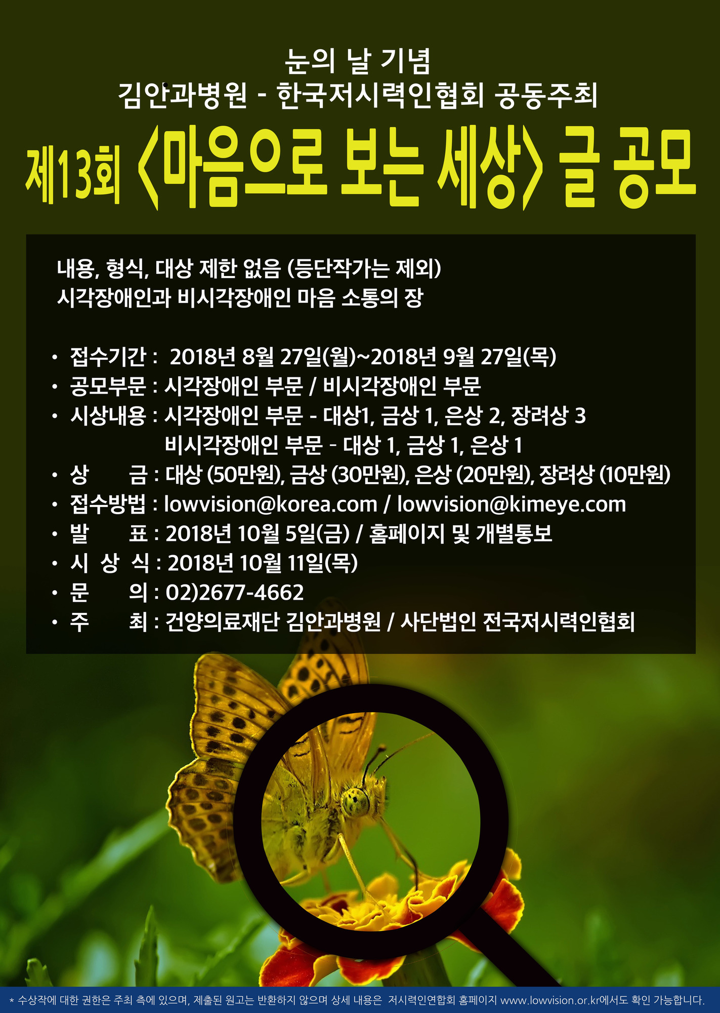 한국저시력인협회 제13회 마음으로 보는 세상 글 공모전 포스터