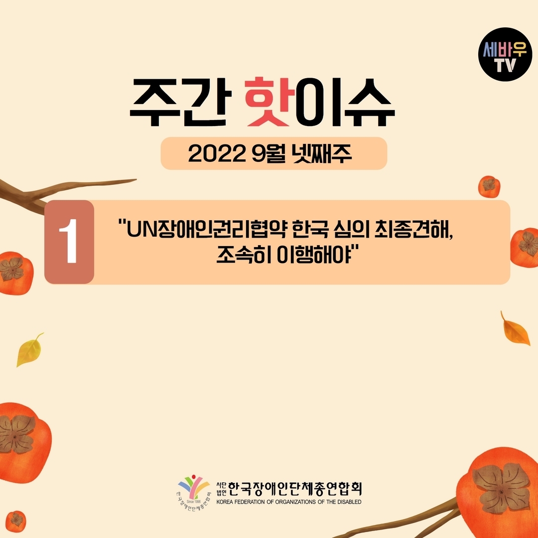 주간 핫 이슈 2022 9월 넷째주 1.“UN장애인권리협약 한국 심의 최종견해, 조속히 이행해야” @장총련