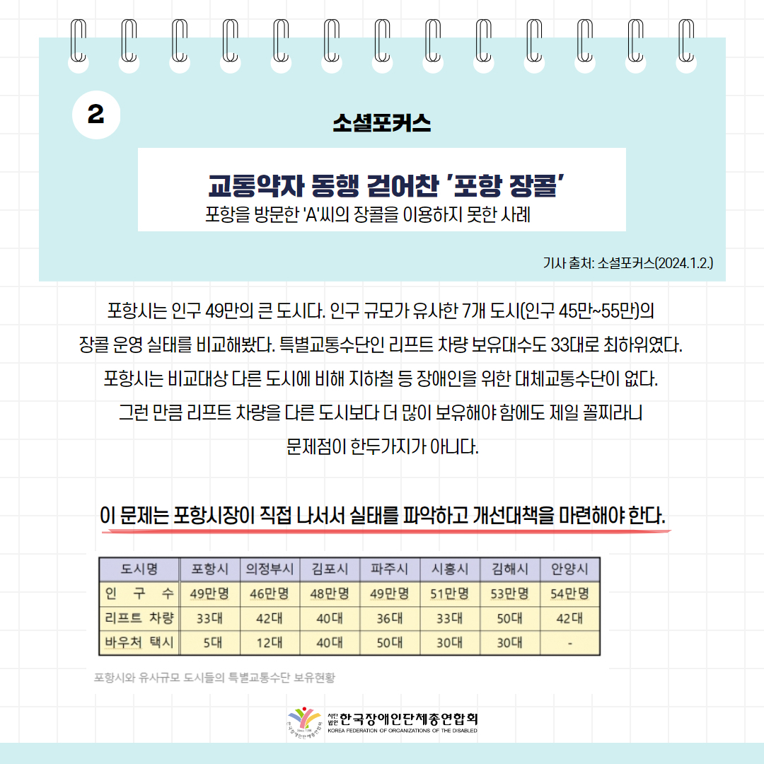 교통약자 동행 걷어찬 '포항 장콜' 기사 출처: 소셜포커스(2023.1.2.)