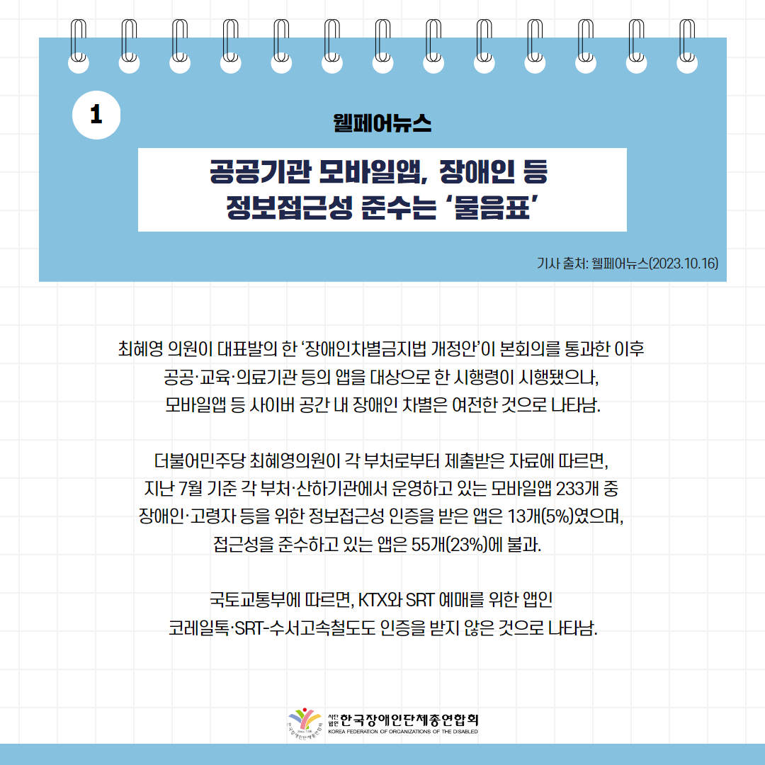 공공기관 모바일앱, 장애인 등 정보접근성 준수는 ‘물음표’ 기사 출처: 웰페어뉴스(2023.10.16.)