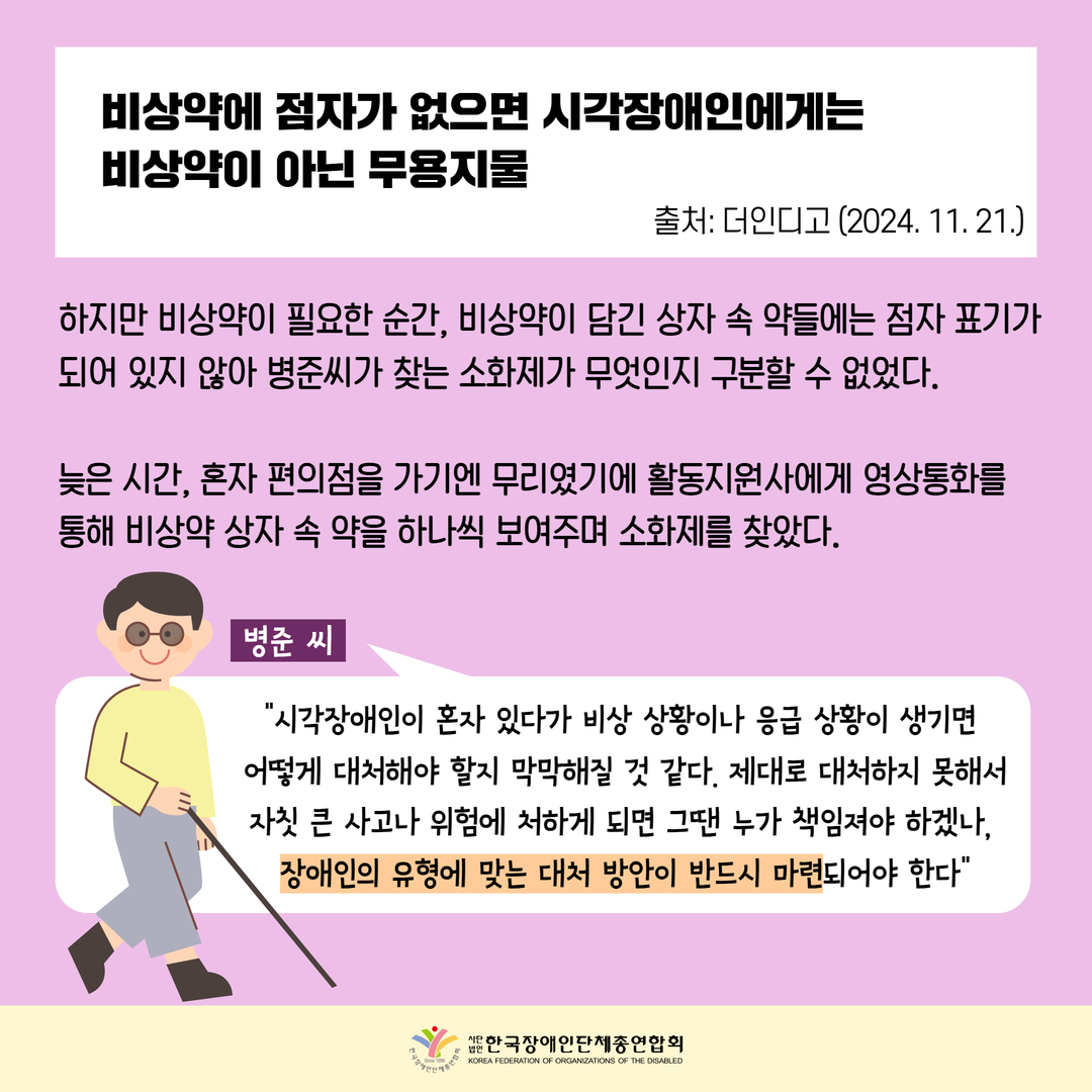 비상약에 점자가 없으면 시각장애인에게는 비상약이 아닌 무용지물, 하지만 비상약이 필요한 순간, 비상약이 담긴 상자 속 약들에는 점자 표기가 되어 있지 않아 병준씨가 찾는 소화제가 무엇인지 구분할 수 없었다. 늦은 시간 혼자 편의점을 가기엔 무리였기에 활동지원사에게 영상통화를 통해 비상약 상자 속 약을 하나씩 보여주며 소화제를 찾았다. 병준 씨: "시각장애인이 혼자 있다가 비상 상황이나 응급 상황이 생기면 어떻게 대처해야 할지 막막해질 것 같다. 제대로 대처하지 못해서 자칫 큰 사고나 위험에 처하게 되면 그땐 누가 책임져야 하겠나. 장애인의 유형에 맞는 대처 방안이 반드시 마련되어야 한다"