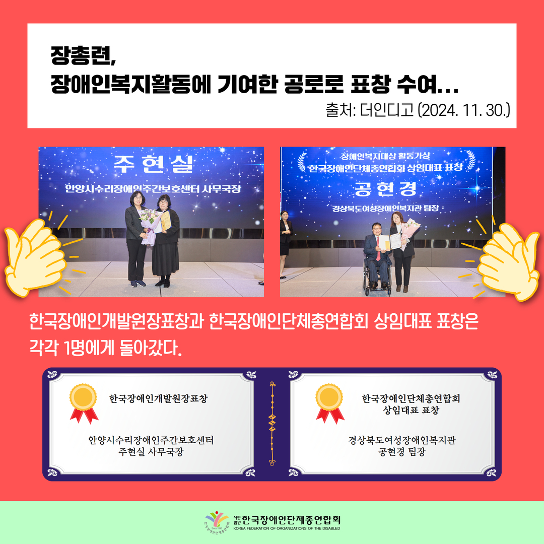 장총련,  장애인복지활동에 기여한 공로로 표창 수여... / 한국장애인개발원장표창과 한국장애인단체총연합회 상임대표 표창은  각각 1명에게 돌아갔다.▶한국장애인개발원장표창은 안양시수리장애인주간보호센터 주현실 사무국장 ▶한국장애인단체총연합회 상임대표 표창은 경상북도여성장애인복지관 공현경 팀장