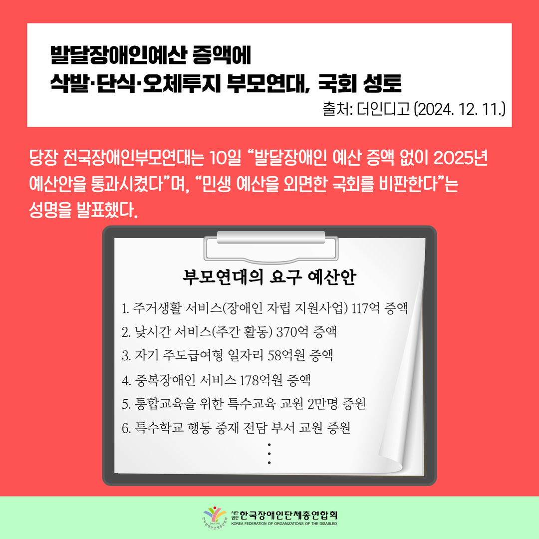 발달장애인예산 증액에  삭발·단식·오체투지 부모연대, 국회 성토 / 당장 전국장애인부모연대는 10일 “발달장애인 예산 증액 없이 2025년  예산안을 통과시켰다”며, “민생 예산을 외면한 국회를 비판한다”는  성명을 발표했다. / 부모연대의 요구 예산안: 1. 주거생활 서비스(장애인 자립 지원사업) 117억 증액  2. 낮시간 서비스(주간 활동) 370억 증액  3. 자기 주도급여형 일자리 58억원 증액  4. 중복장애인 서비스 178억원 증액  5. 통합교육을 위한 특수교육 교원 2만명 증원  6. 특수학교 행동 중재 전담 부서 교원 증원 
