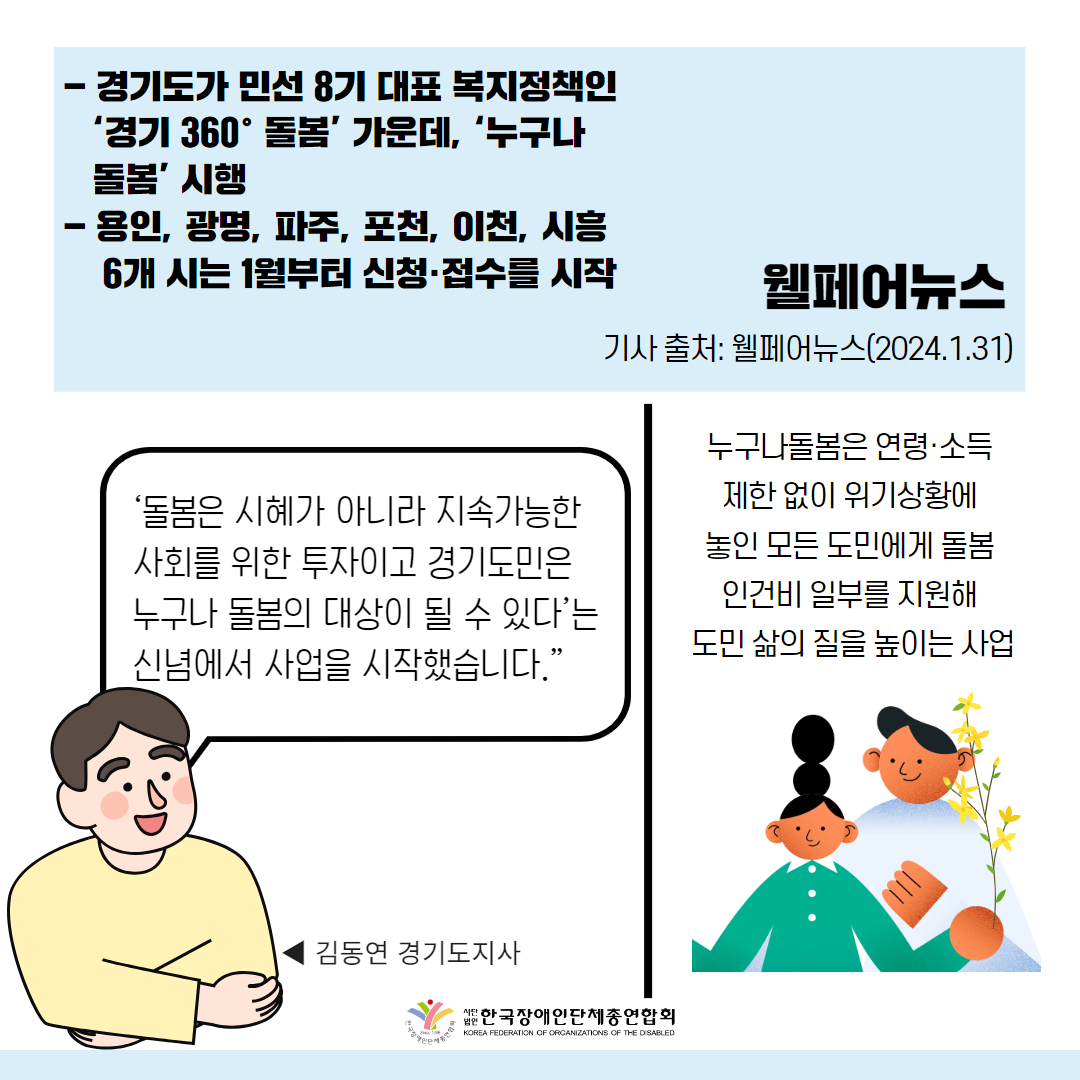  경기도, 15개 시.군에서 '누구나돌봄' 시행 기사 출처: 웰페어뉴스(2024.1.31.)