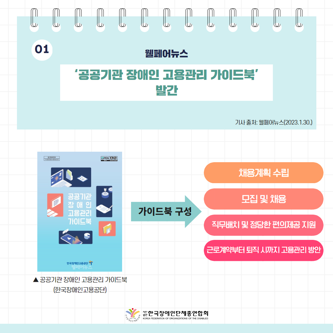 공공기관 장애인 고용관리 가이드북’ 발간 기사 출처: 웰페어뉴스(2023.1.30.)