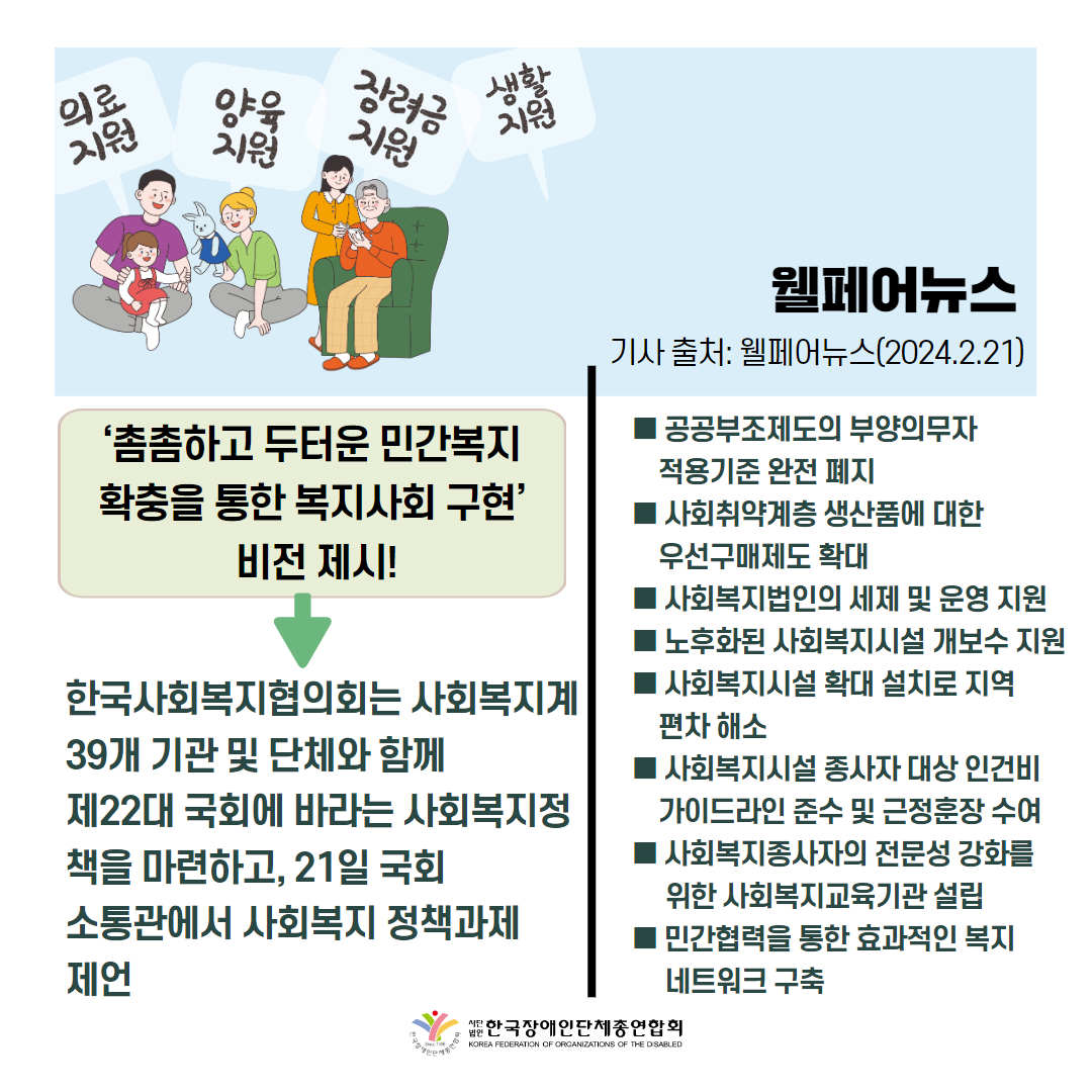 한국사회복지협의회, 국회의원 선거 ‘사회복지 정책제언’ 발표 기사 출처: 웰페어뉴스(2024.2.21.)