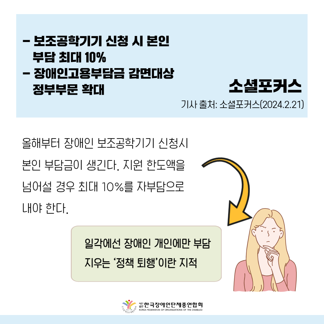  보조공학기기, 장애인 의무고용 '뒷걸음질' 기사 출처: 소셜포커스(2024.2.21.)