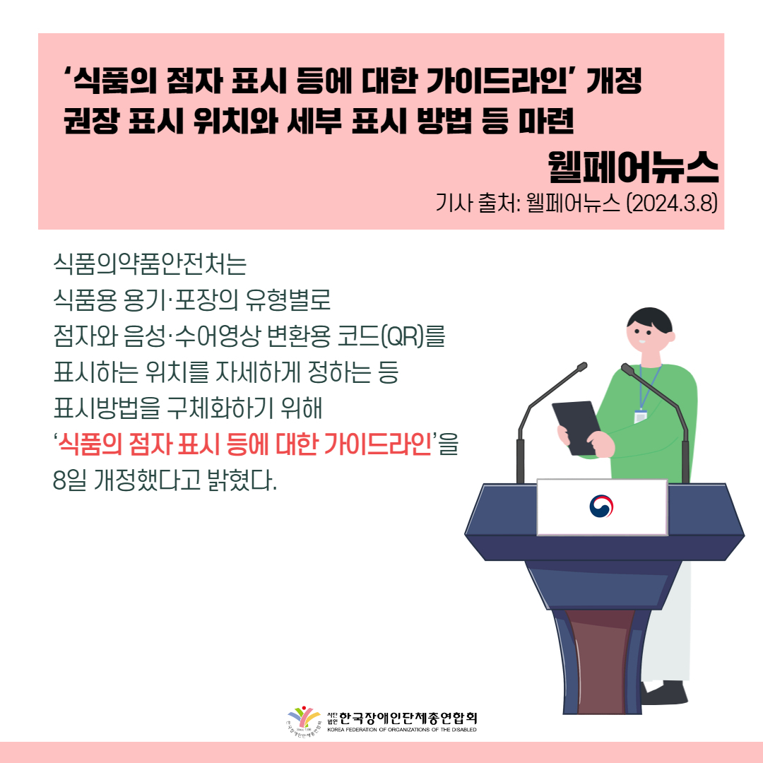 식품의 점자 표시 등에 대한 가이드라인 개정 권장 표시 위치와 세부 표시 방법 등 마련, 식품의약품안전처는 식품용 용기·포장의 유형별로 점자와 음성·수어영상 변환용 코드(QR)를 표시하는 위치를 자세하게 정하는 등 표시방법을 구체화하기 위해 ‘식품의 점자 표시 등에 대한 가이드라인’을 8일 개정했다고 밝혔다.  출처 : 웰페어뉴스