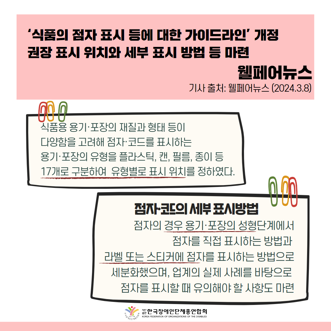 식품용 용기·포장의 재질과 형태 등이 다양함을 고려해 점자·코드를 표시하는 용기·포장의 유형을 플라스틱, 캔, 필름, 종이 등 17개로 구분했다. 유형별로 표시 위치를 정해 영업자에게 권고, 시각·청각장애인이 점자·코드를 쉽게 찾을 수 있도록 했다.  또한 점자·코드의 세부 표시방법에 대해서도 정하고 있다.  점자의 경우 용기·포장의 성형단계에서 점자를 직접 표시하는 방법(형압, 블로우, 진공, 사출)과 라벨 또는 스티커에 점자를 표시하는 방법(엠보싱)으로 세분화했으며, 업계의 실제 사례를 바탕으로 점자를 표시할 때 유의해야 할 사항도 마련했다  출처 : 웰페어뉴스