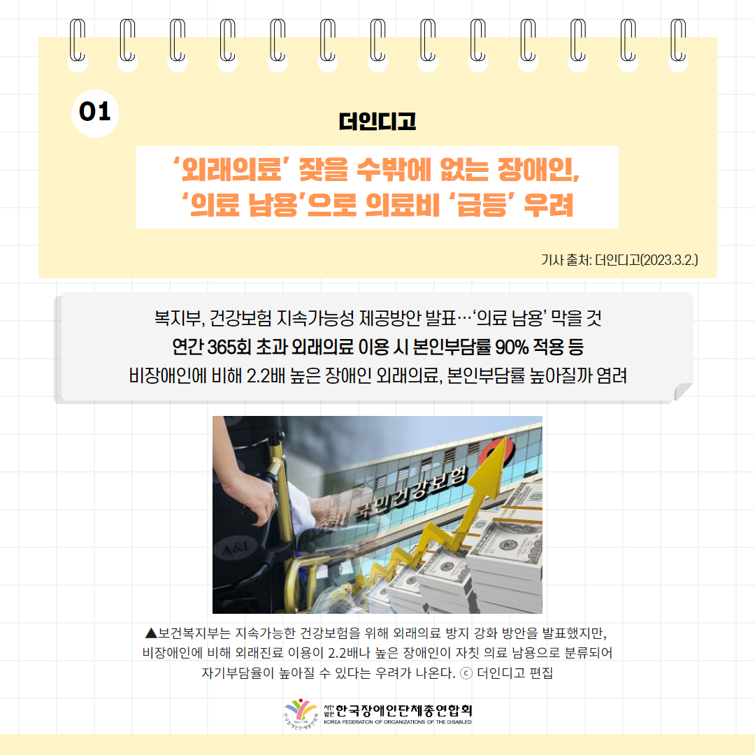 외래의료’ 잦을 수밖에 없는 장애인, ‘의료 남용’으로 의료비 ‘급등’ 우려 기사 출처: 더인디고(2023.3.2.)