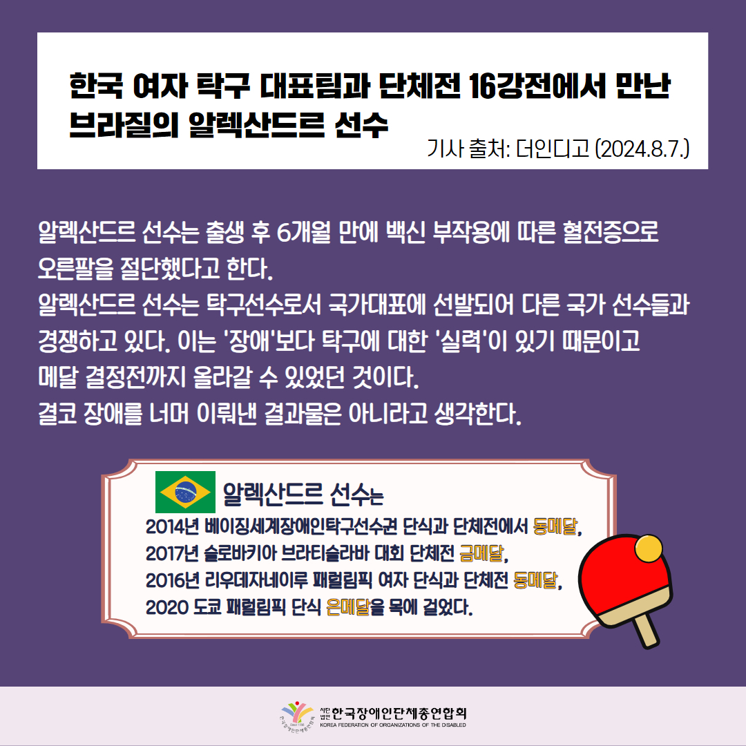 한국 여자 탁구 대표팀과 단체전 16강전에서 만난 브라질의 알렉산드르 선수. 자세한 설명은 하단 이미지 상세설명 참고