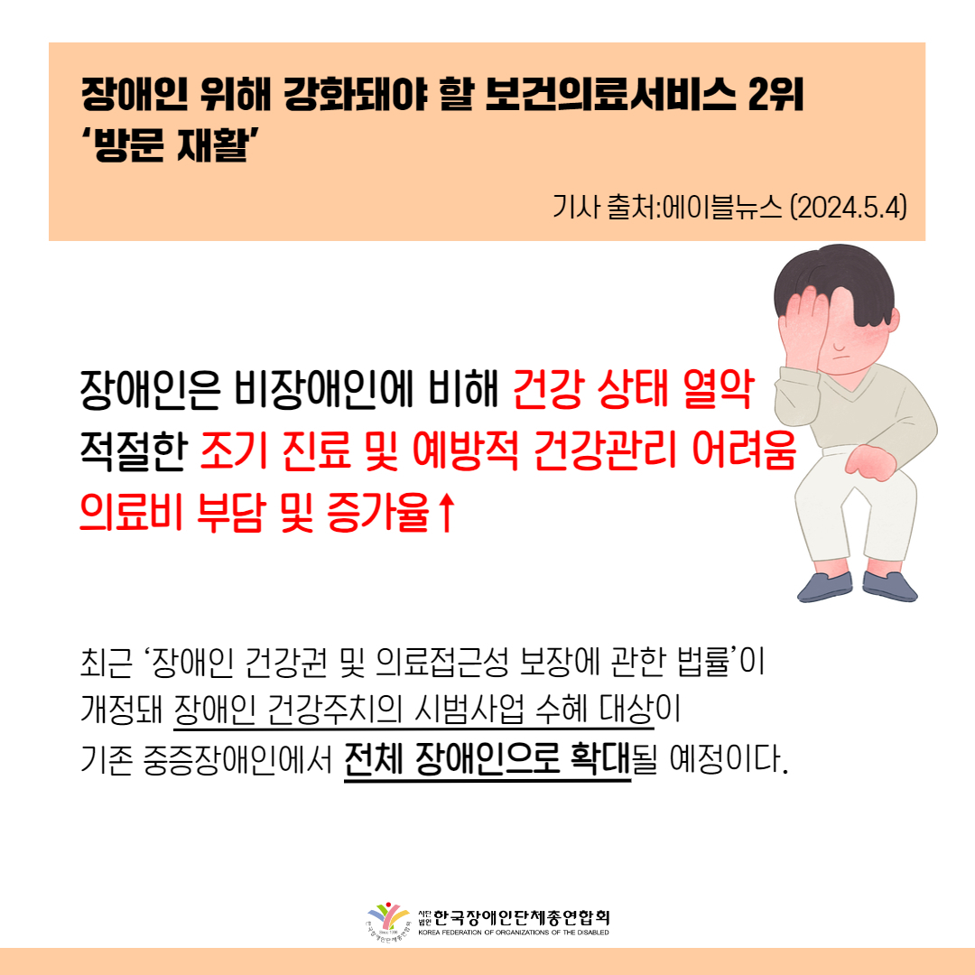 장애인 위해 강화돼야 할 보건의료서비스 2위 ‘방문 재활’ 장애인은 비장애인에 비해 건강 상태가 열악 적절한 조기 진료 및 예방적 건강관리에 어려움 의료비 부담 및 증가율↑최근 ‘장애인 건강권 및 의료접근성 보장에 관한 법률’이 개정돼 장애인 건강주치의 시범사업 수혜 대상이 기존 중증장애인에서 전체 장애인으로 확대될 예정이다.