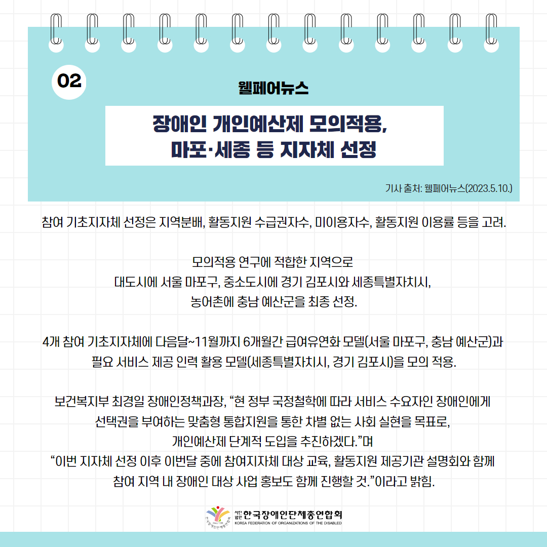 장애인 개인예산제 모의적용, 마포·세종 등 지자체 선정 기사 출처: 웰페어뉴스(2023.5.10.)