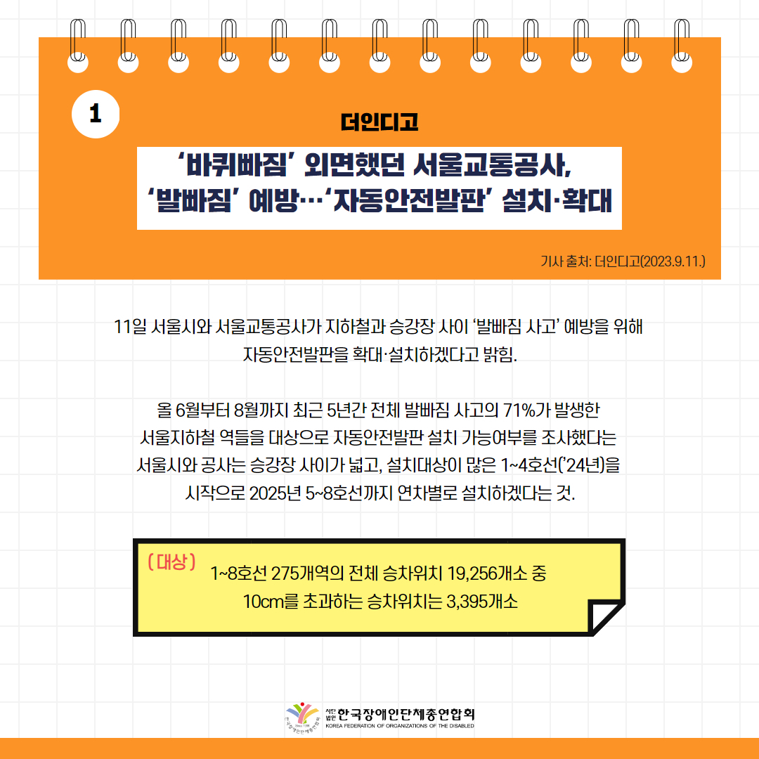 바퀴빠짐’ 외면했던 서울교통공사, ‘발빠짐’ 예방…‘자동안전발판’ 설치·확대 기사 출처: 더인디고(2023.9.11.)