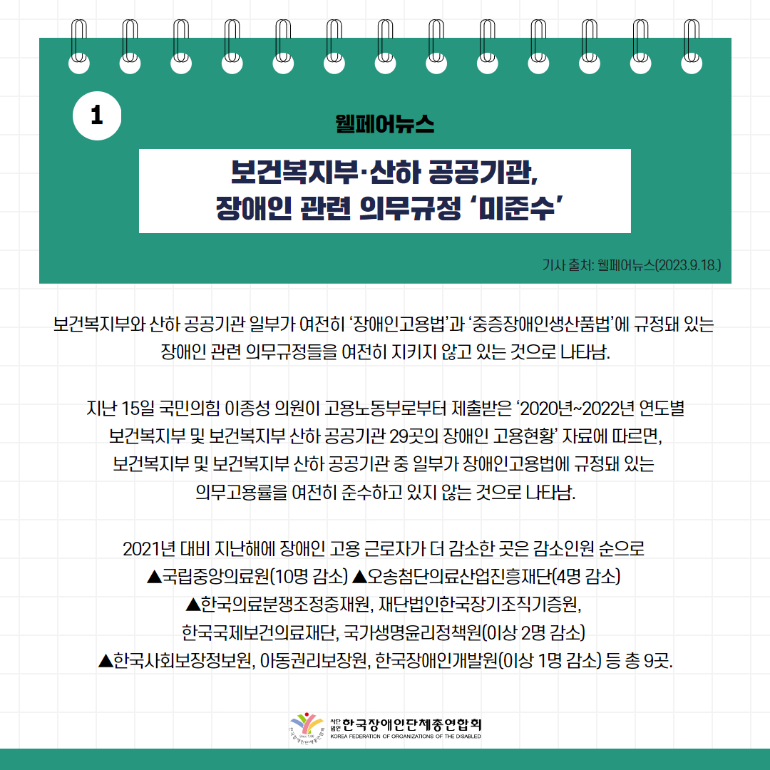 보건복지부·산하 공공기관, 장애인 관련 의무규정 ‘미준수’ 기사 출처: 웰페어뉴스(2023.9.18.)