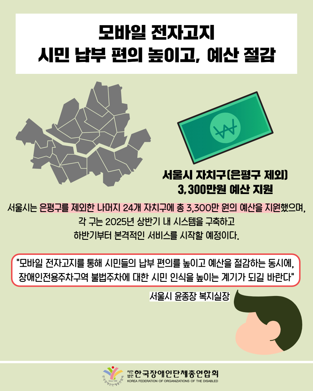 모바일 전자고지 시민 납부 편의 높이고, 예산 절감 / 그림첨부 : 서울시 지도 / 그림첨부: 돈(은평구 제외한 서울시 자치구 3,300만원 예산 지원) / 서울시는 은평구를 제외한 나머지 24개 자치구에 총 3,300만 원의 예산을 지원했으며, 각 구는 2025년 상반기 내 시스템을 구축하고 하반기부터 본격적인 서비스를 시작할 예정이다. / "모바일 전자고지를 통해 시민들의 납부 편의를 높이고 예산을 절감하는 동시에,  장애인전용주차구역 불법주차에 대한 시민 인식을 높이는 계기가 되길 바란다" / 서울시 윤종장 복지실장 / 한국장애인단체총연합회 