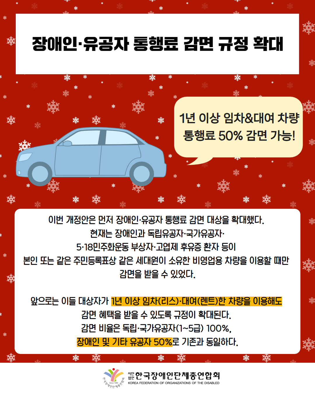 장애인·유공자 통행료 감면 규정 확대 / 그림첨부: 자동차 / 1년 이상 임차&대여 차량 통행료 50% 감면 가능! / 이번 개정안은 먼저 장애인·유공자 통행료 감면 대상을 확대했다.  현재는 장애인과 독립유공자·국가유공자· 5·18민주화운동 부상자·고엽제 후유증 환자 등이  본인 또는 같은 주민등록표상 같은 세대원이 소유한 비영업용 차량을 이용할 때만  감면을 받을 수 있었다. / 앞으로는 이들 대상자가 1년 이상 임차(리스)·대여(렌트)한 차량을 이용해도  감면 혜택을 받을 수 있도록 규정이 확대된다.  감면 비율은 독립·국가유공자(1~5급) 100%,  장애인 및 기타 유공자 50%로 기존과 동일하다. / 한국장애인단체총연합회