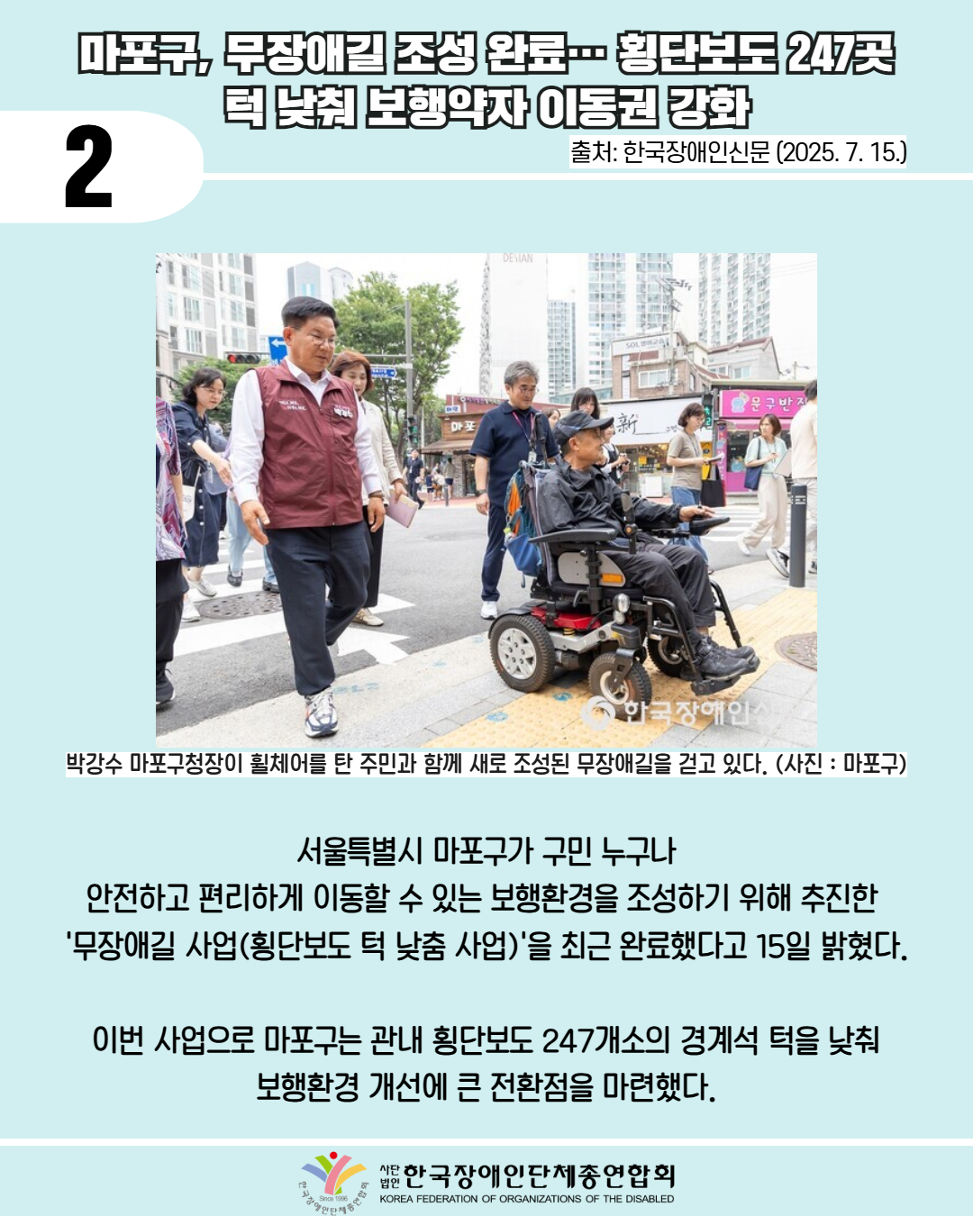 2 / 마포구, 무장애길 조성 완료 횡단보도 247곳 턱 낮춰 보행약자이동권강화 / 출처: 한국장애인신문 (2025. 7. 15.) / 사진첨부: 박강수 마포구청장이 휠체어를 탄 주민과 함께 새로 조성된 무장애길을 걷는 사진 (사진: 마포구) / 서울특별시 마포구가 구민 누구나 안전하고 편리하게 이동할 수 있는 보행환경을 조성하기 위해 추진한 '무장애길 사업(횡단보도 턱 낮춤 사업)'을 최근 완료했다고 15일 밝혔다. / 이번 사업으로 마포구는 관내 횡단보도 247개소의 경계석 턱을 낮춰 보행환경 개선에 큰 전환점을 마련했다. / 한국장애인단체총연합회