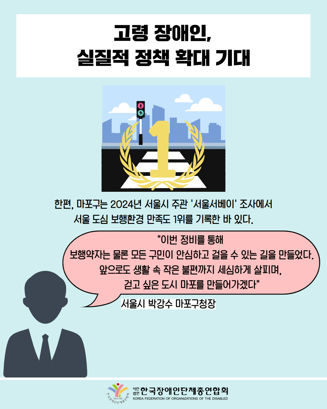  고령 장애인, 실질적 정책 확대 기대 / 그림첨부: 횡단보도 위에 1등 마크  / 한편, 마포구는 2024년 서울시 주관 '서울서베이' 조사에서 서울 도심 보행환경 만족도 1위를 기록한 바 있다. / "이번 정비를 통해 '보행약자는 물론 모든 구민이 안심하고 걸을 수 있는 길을 만들었다. 앞으로도 생활 속 작은 불편까지 세심하게 살피며, 걷고 싶은 도시 마포를 만들어가겠다" / 서울시 박강수 마포구청장 / 한국장애인단체총연합회