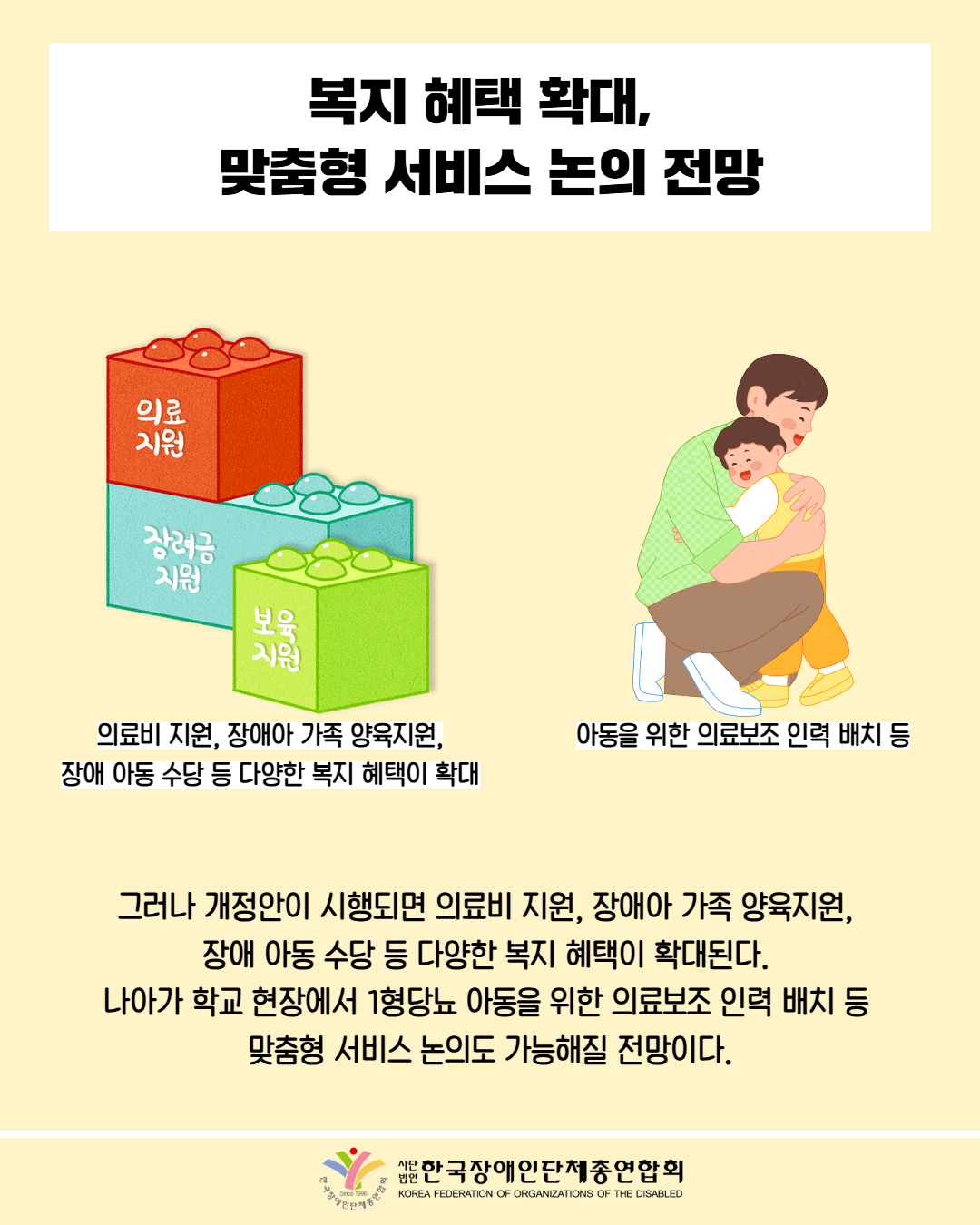 복지 혜택 확대,  맞춤형 서비스 논의 전망 /그림첨부: '의료지원', '장려금지원','보육지원'이 쓰인 블럭(의료비 지원, 장애아 가족 양육지원, 장애 아동 수당 등 다양한 복지 혜택이 확대) / 그림첨부: 아이와 아빠가 안는 모습(아동을 위한 의료보조 인력 배치 등) / 그러나 개정안이 시행되면 의료비 지원, 장애아 가족 양육지원,  장애 아동 수당 등 다양한 복지 혜택이 확대된다.  나아가 학교 현장에서 1형당뇨 아동을 위한 의료보조 인력 배치 등  맞춤형 서비스 논의도 가능해질 전망이다. / 한국장애인단체총연합회 