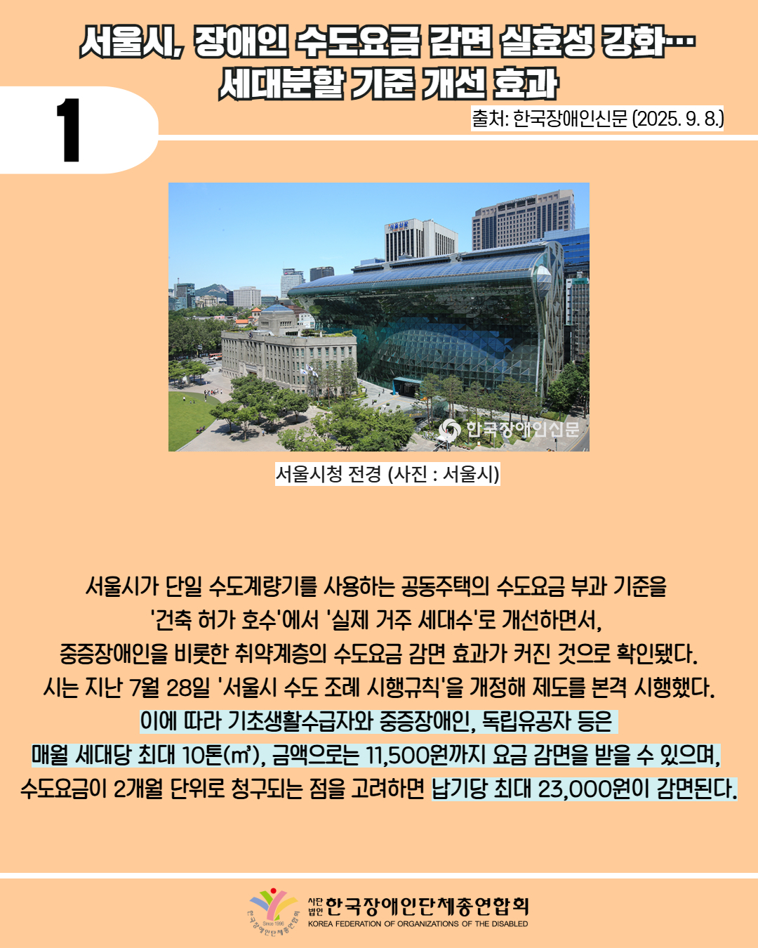 1 / 서울시, 장애인 수도요금 감면 실효성 강화 세대분할기준 개선 효과 / 출처: 한국장애인신문 (2025. 9. 8.) / 사진첨부: 한국장애인신문에 실린 서울시청 전경 (사진: 서울시) / 서울시가 단일 수도계량기를 사용하는 공동주택의 수도요금 부과 기준을 '건축 허가 호수'에서 '실제 거주 세대수'로 개선하면서, 중증장애인을 비롯한 취약계층의 수도요금 감면 효과가 커진 것으로 확인됐다. 시는 지난 7월 28일 '서울시 수도 조례 시행규칙'을 개정해 제도를 본격 시행했다. 이에 따라 기초생활수급자와 중증장애인, 독립유공자 등은 매월 세대당 최대 10톤(m2), 금액으로는 11,500원까지 요금 감면을 받을 수 있으며, 수도요금이 2개월 단위로 청구되는 점을 고려하면 납기당 최대 23,000원이 감면된다. / 한국장애인단체총연합회