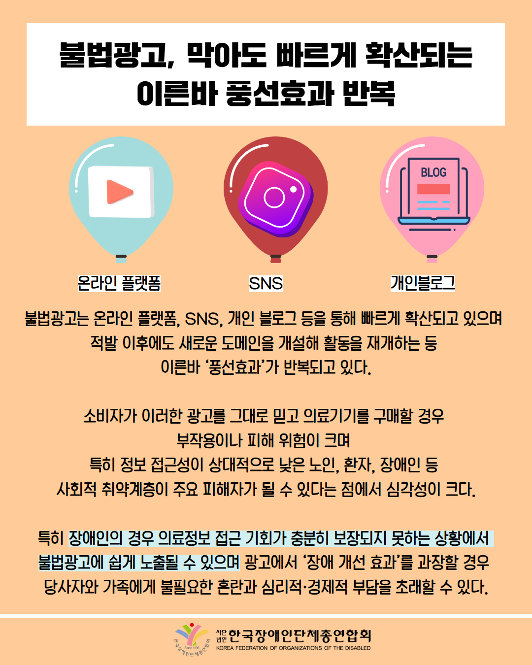 불법광고, 막아도 빠르게 확산되는 이른바 풍선효과 반복 / 그림첨부: 유명 온라인 플랫폼 마크 / 그림첨부: 유명 SNS 마크/ 그림첨부: 개인블로그 페이지 /  불법광고는 온라인 플랫폼, SNS, 개인 블로그 등을 통해 빠르게 확산되고 있으며 적발 이후에도 새로운 도메인을 개설해 활동을 재개하는 등 이른바 '풍선효과'가 반복되고 있다. / 소비자가 이러한 광고를 그대로 믿고 의료기기를 구매할 경우 부작용이나 피해 위험이 크며 특히 정보 접근성이 상대적으로 낮은 노인, 환자, 장애인 등 사회적 취약계층이 주요 피해자가 될 수 있다는 점에서 심각성이 크다. / 특히 장애인의 경우 의료정보 접근 기회가 충분히 보장되지 못하는 상황에서 불법광고에 쉽게 노출될 수 있으며 광고에서 '장애 개선 효과'를 과장할 경우 당사자와 가족에게 불필요한 혼란과 심리적·경제적 부담을 초래할 수 있다. / 한국장애인단체총연합회