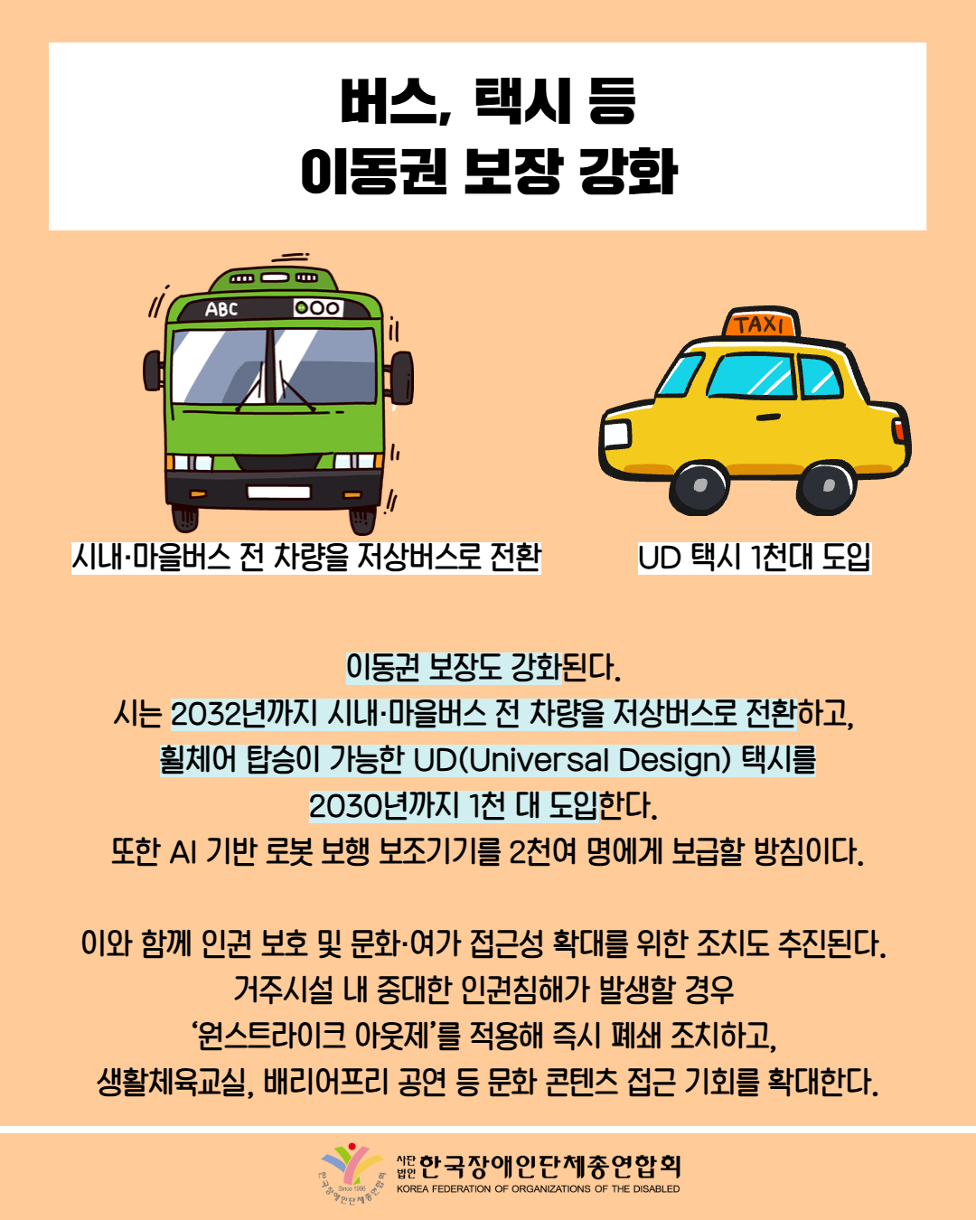 버스, 택시 등 이동권 보장 강화 / 그림첨부: 버스(시내·마을버스 전 차량을 저상버스로 전환) / 택시(UD 택시 1천대 도입) /  이동권 보장도 강화된다. 시는 2032년까지 시내·마을버스 전 차량을 저상버스로 전환하고, 휠체어 탑승이 가능한 UD(Universal Design) 택시를 2030년까지 1천 대 도입한다. 또한 AI 기반 로봇 보행 보조기기를 2천여 명에게 보급할 방침이다. / 이와 함께 인권 보호 및 문화·여가 접근성 확대를 위한 조치도 추진된다. 거주시설 내 중대한 인권침해가 발생할 경우 '원스트라이크 아웃제'를 적용해 즉시 폐쇄 조치하고, 생활체육교실, 배리어프리 공연 등 문화 콘텐츠 접근 기회를 확대한다. / 한국장애인단체총연합회